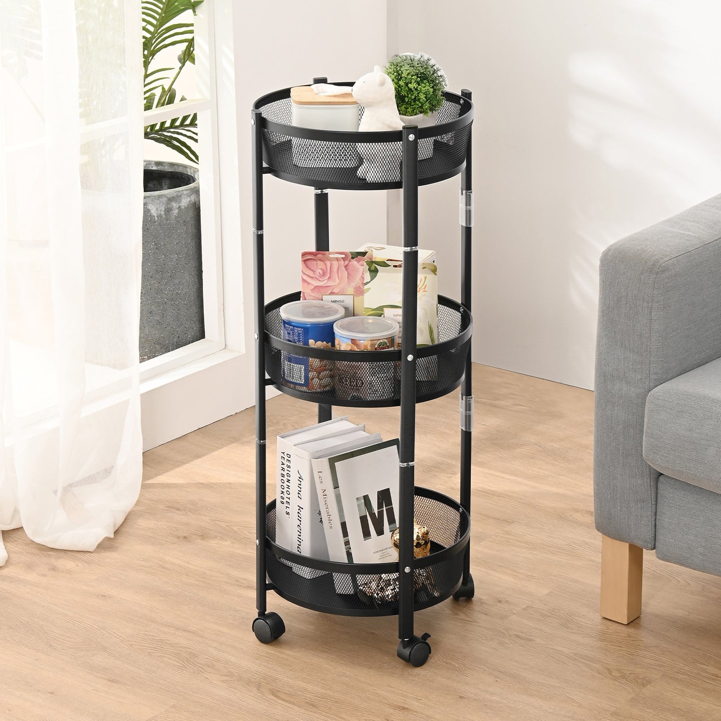 KINGRACK Foldable 3 Tier Rolling Cart, Installtion-Free Round Mesh Baskets Cart, Storage Rolling Trolley Rack Cart, Black,RY810195-1