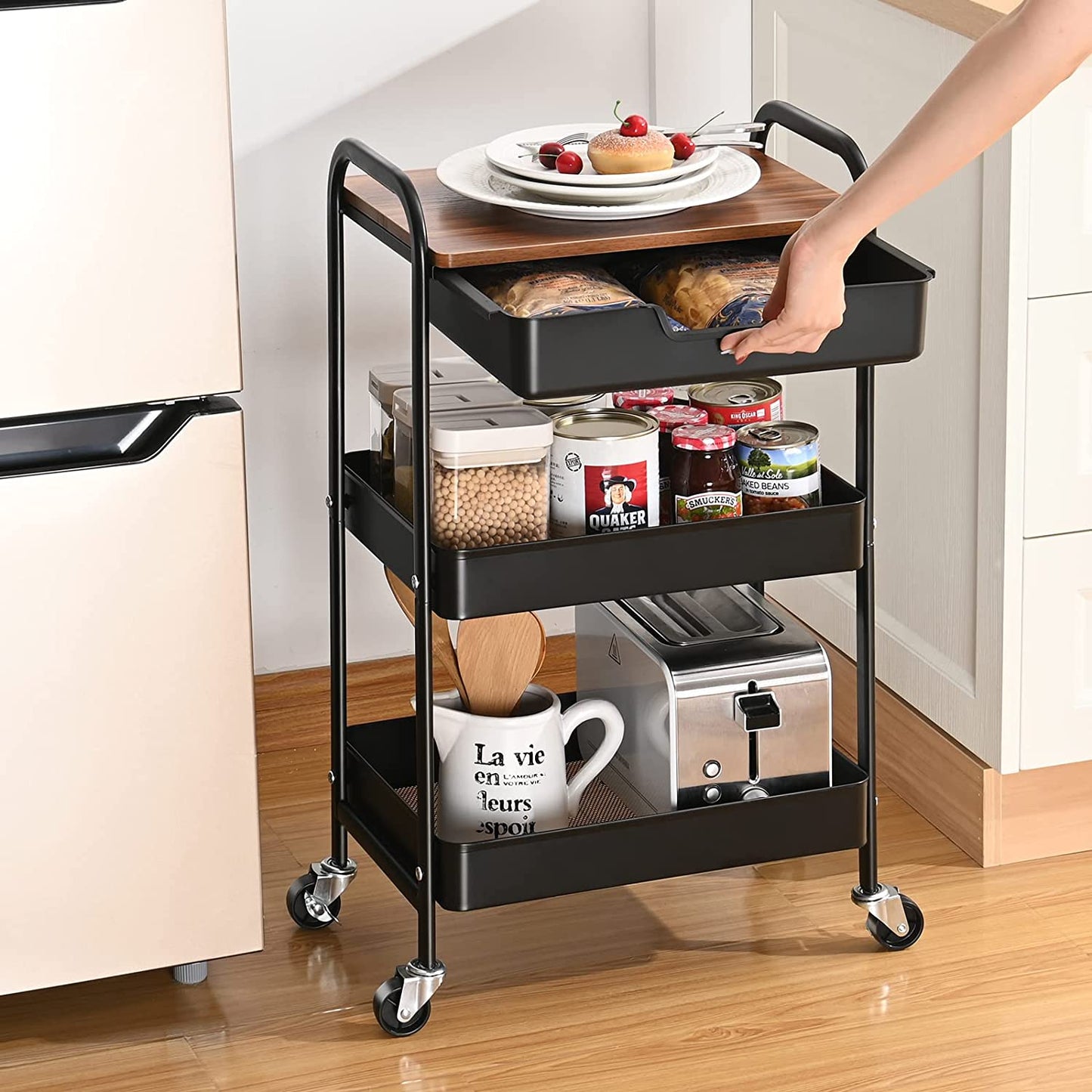 KINGRACK 3-Tier Utility Rolling Cart with Wooden Board and Drawer, Metal Storage Cart with Handle, White Trolley Kitchen Organizer Rolling Desk with Locking Wheels for Office, Classroom, Home, Bedroom, WK830549-Black