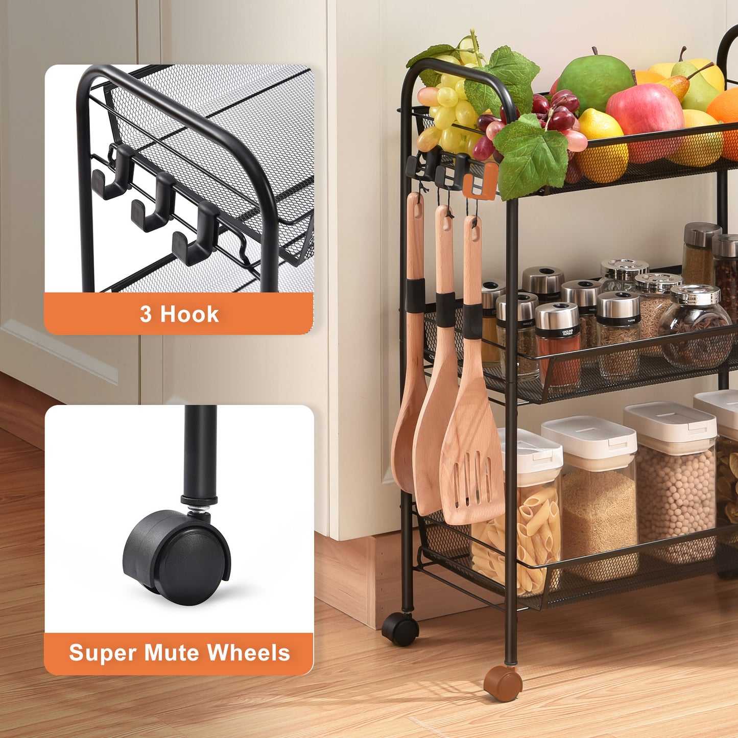 KK KINGRACK 3 Tier Rolling Cart Organizer, Mesh Cart with Wheels, Utility Cart for Office, School,Storage, Black, WK150043-BK