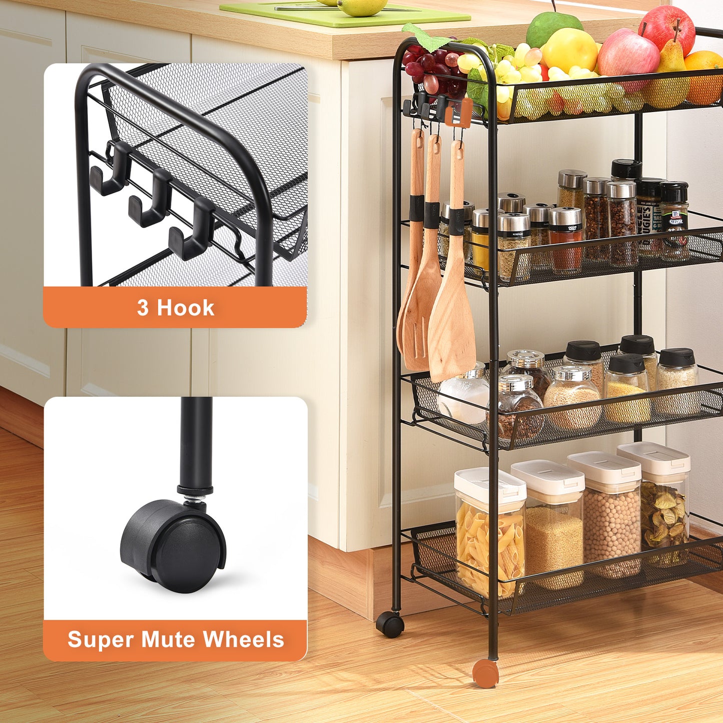 Kingrack 4-Tier Mesh Wire Rolling Cart, Metal Storage Cart with Wheels, Utility Cart for Office,Kitchen, Bedroom, Bathroom, Laundry Room,WK150038-BK