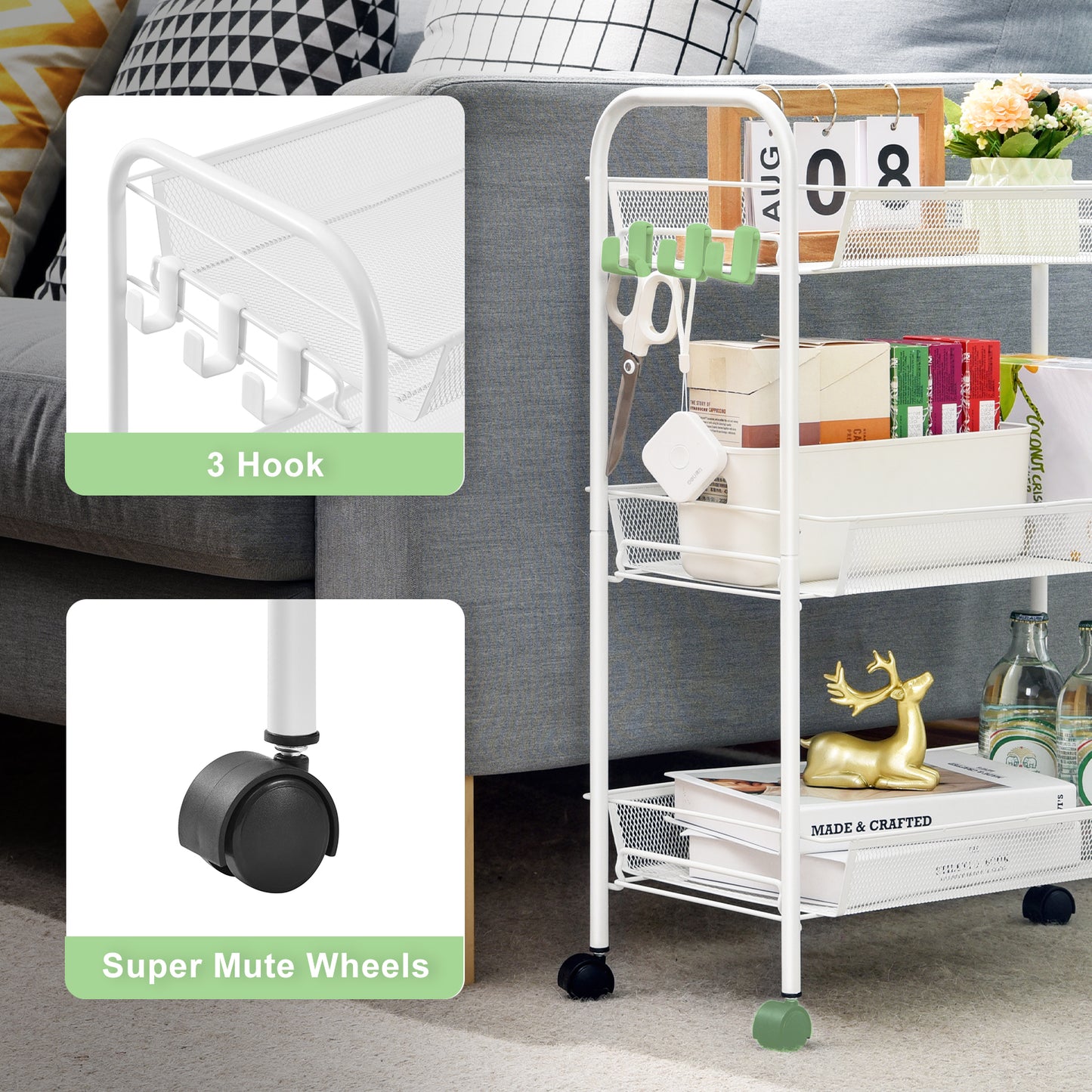Kingrack 3-Tier Rolling Cart Organizer, Metal Storage Cart with Wheels, Utility Cart for Office,Kitchen, Bedroom, Bathroom, Laundry Room,WK150043-W