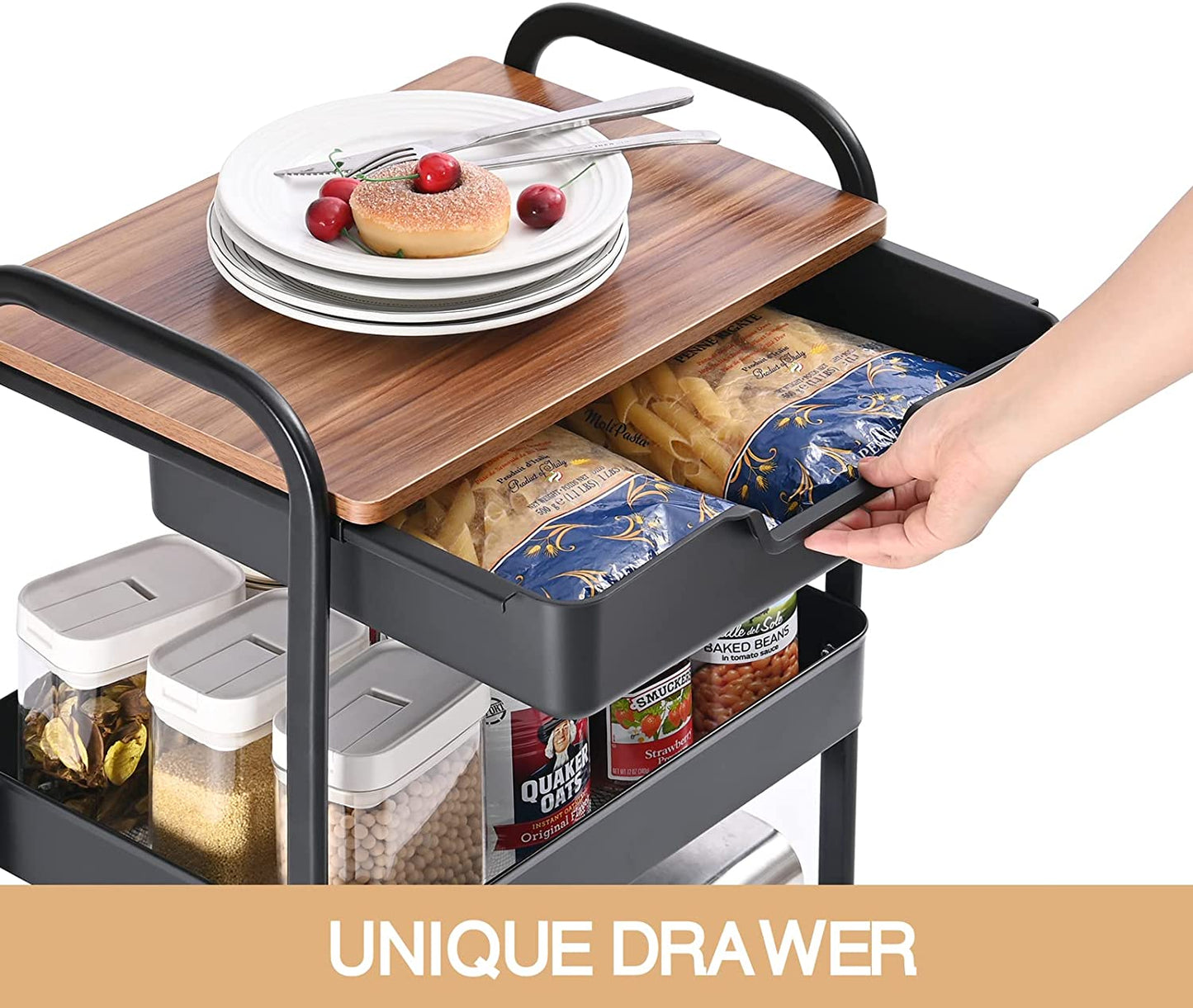 KINGRACK 3-Tier Utility Rolling Cart with Wooden Board and Drawer, Metal Storage Cart with Handle, White Trolley Kitchen Organizer Rolling Desk with Locking Wheels for Office, Classroom, Home, Bedroom, WK830549-Black