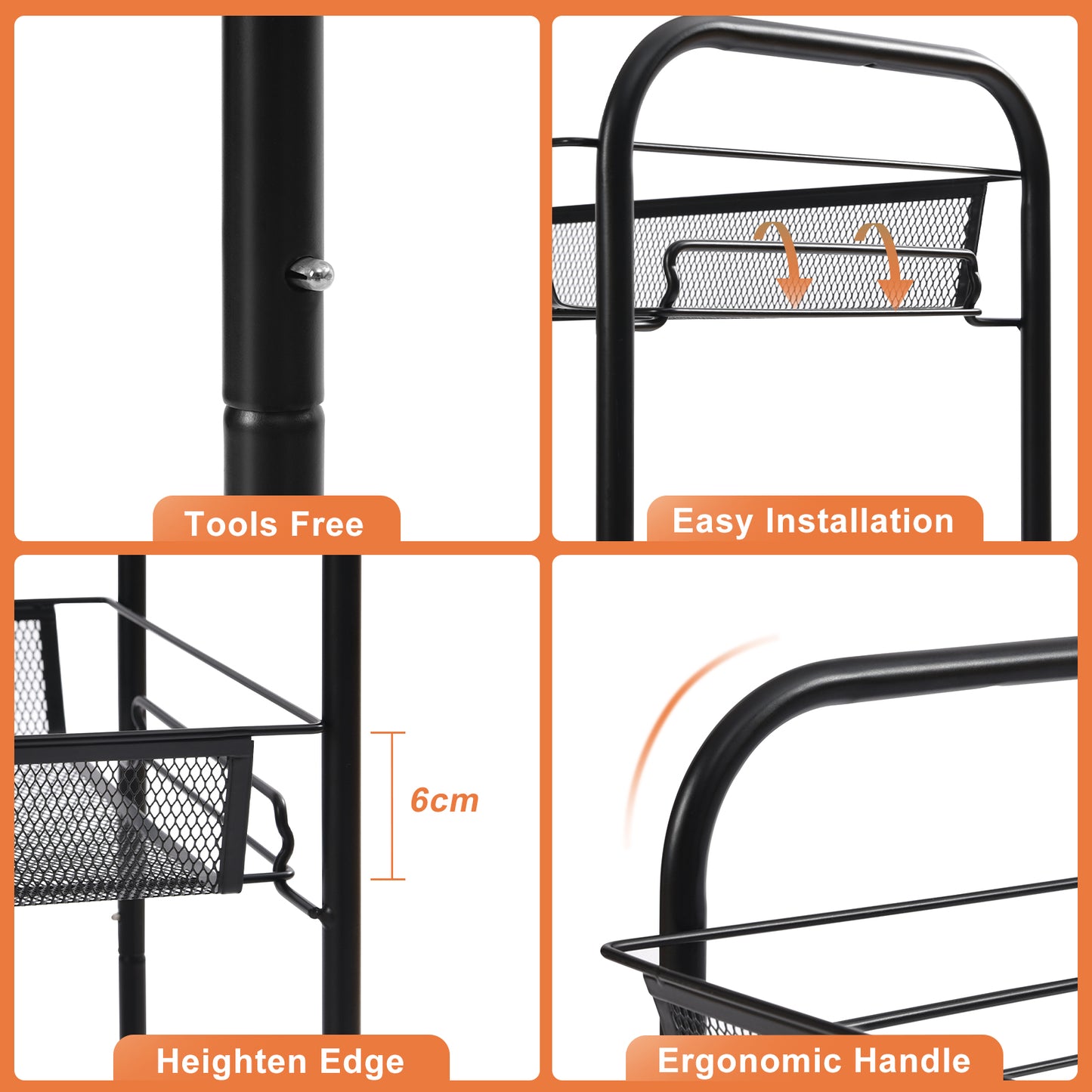 Kingrack 4-Tier Mesh Wire Rolling Cart, Metal Storage Cart with Wheels, Utility Cart for Office,Kitchen, Bedroom, Bathroom, Laundry Room,WK150038-BK