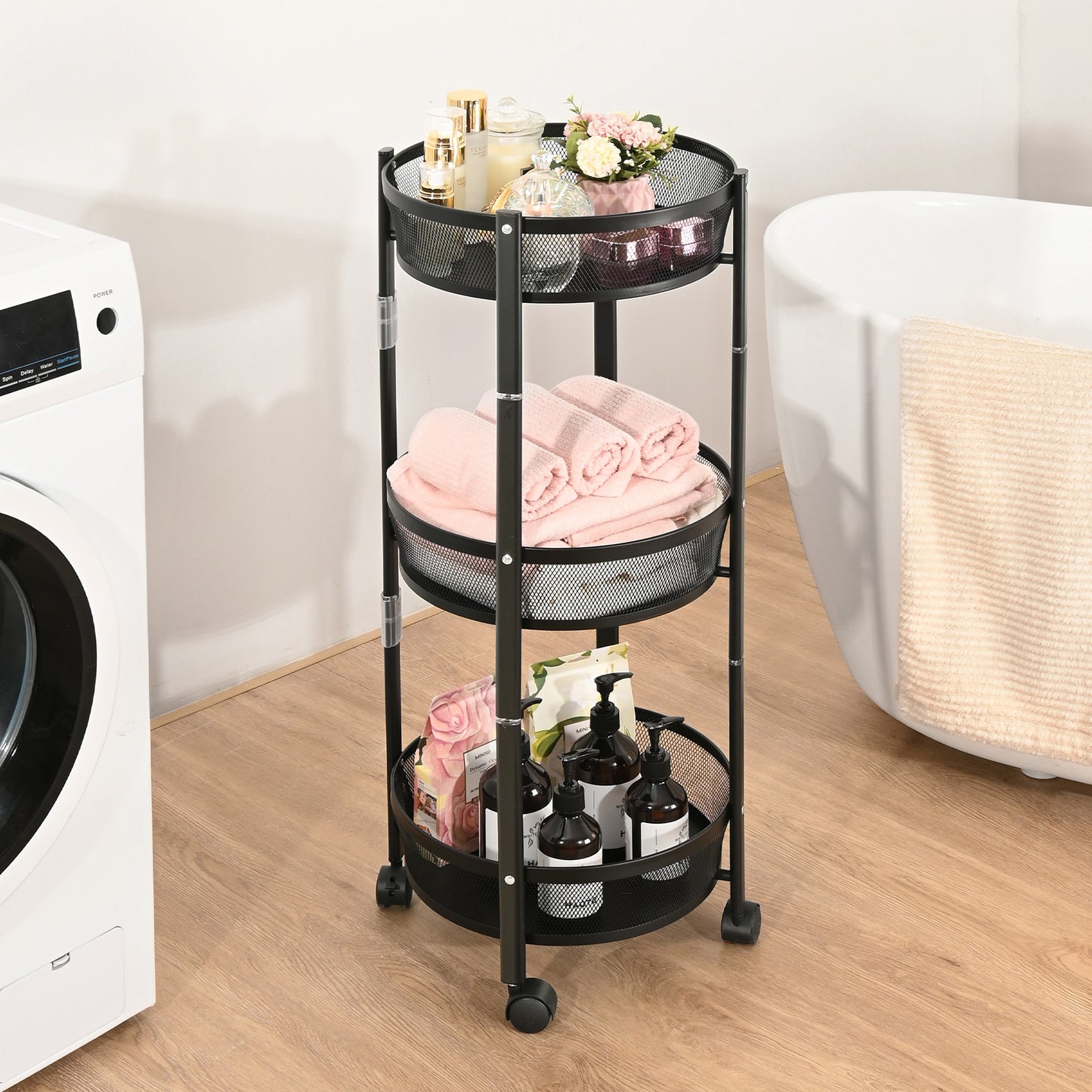 KINGRACK Foldable 3 Tier Rolling Cart, Installtion-Free Round Mesh Baskets Cart, Storage Rolling Trolley Rack Cart, Black,RY810195-1