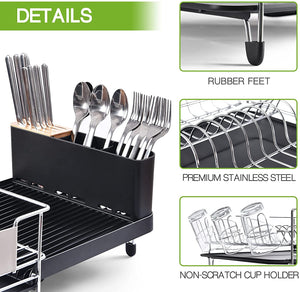 BEHERZT Stainless Steel Dish Drying Rack, Expandable Kitchen Sink Organizer and Drainboard Set, Large Capacity Kitchen Accessories with 360° Swivel Spout, Black