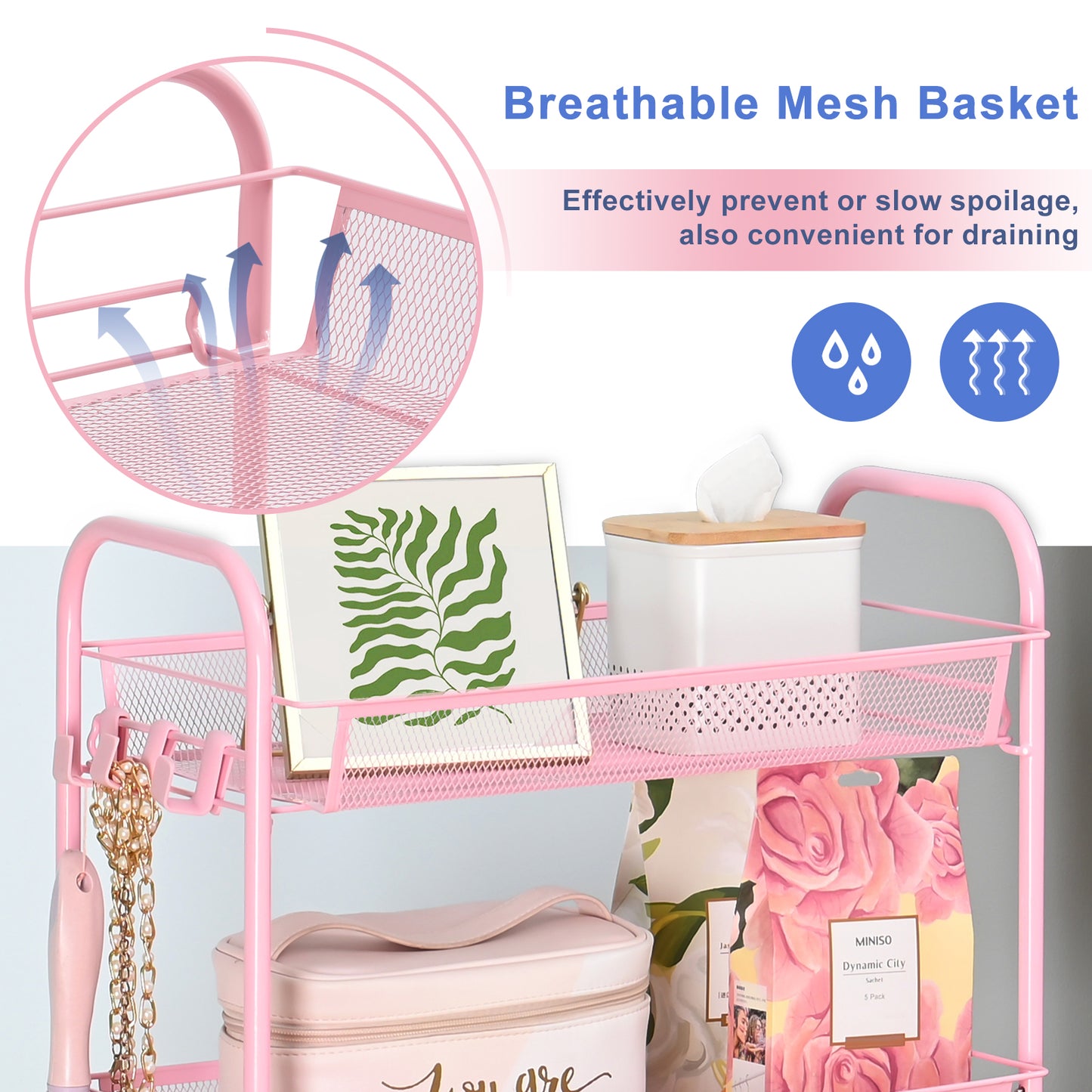 Kingrack 4-Tier Mesh Wire Rolling Cart, Metal Storage Cart with Wheels, Utility Cart for Office,Kitchen, Bedroom, Bathroom, Laundry Room,WK150038-PK
