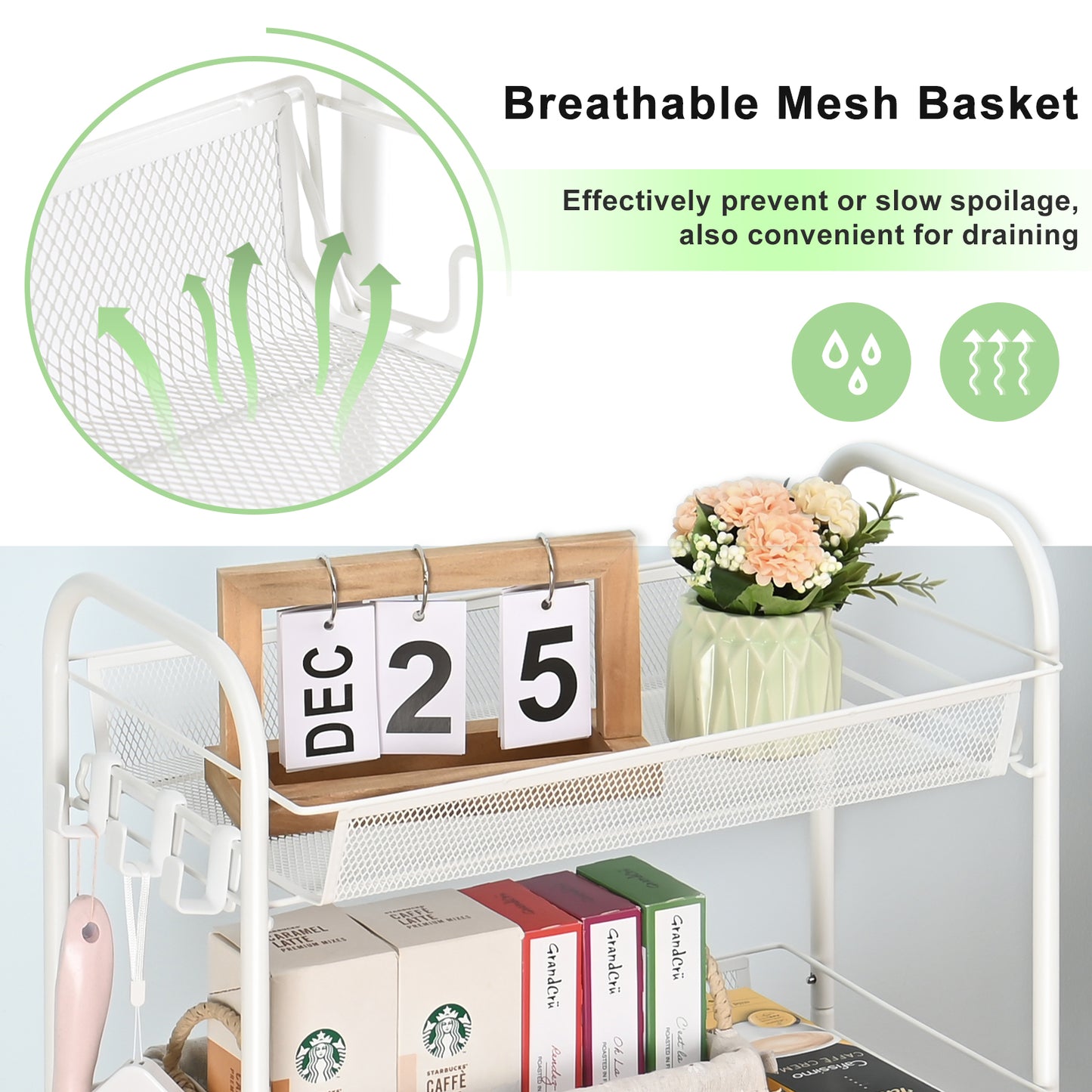 Kingrack 4-Tier Mesh Wire Rolling Cart, Metal Storage Cart with Wheels, Utility Cart for Office,Kitchen, Bedroom, Bathroom, Laundry Room,WK150038-W