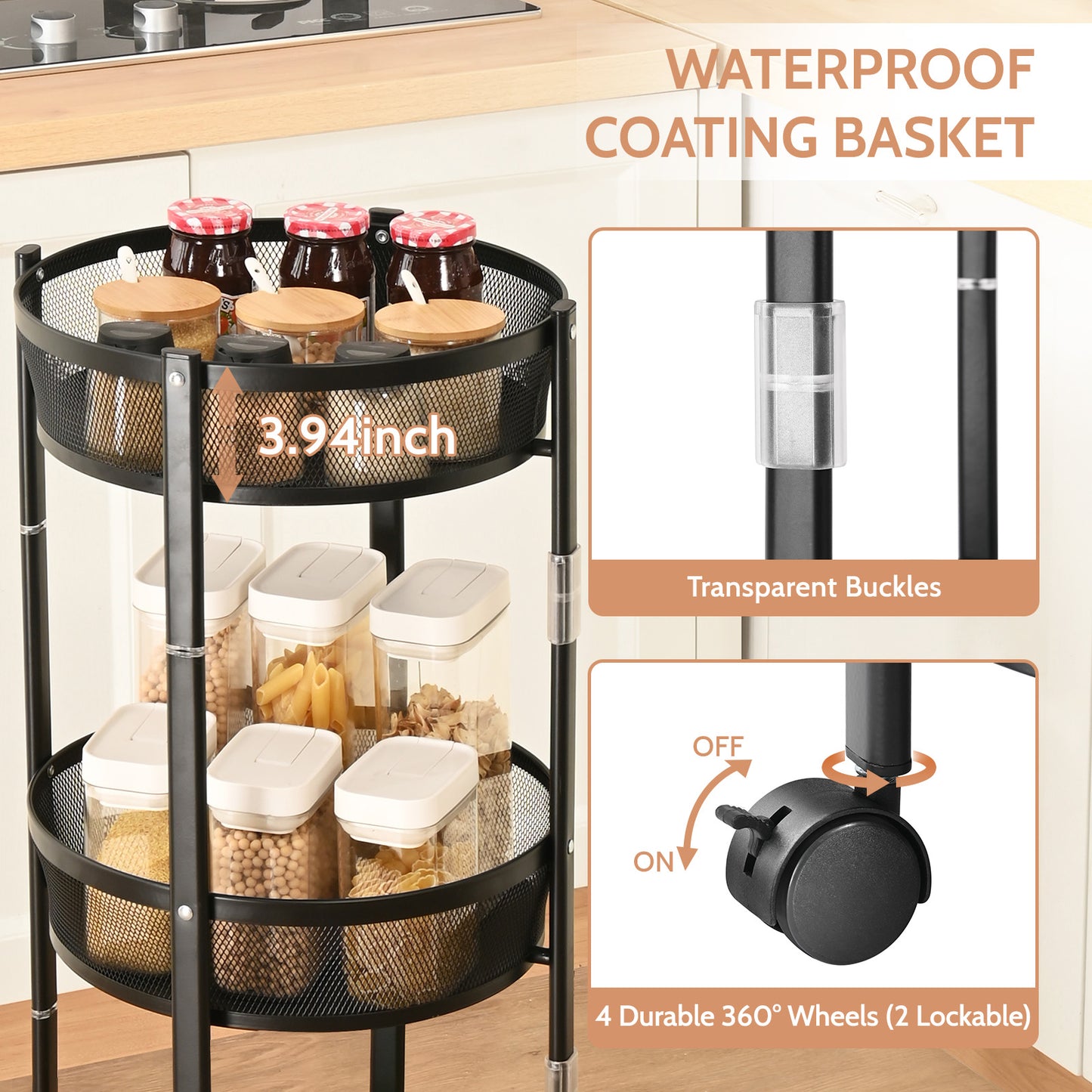 KINGRACK Foldable 3 Tier Rolling Cart, Installtion-Free Round Mesh Baskets Cart, Storage Rolling Trolley Rack Cart, Black,RY810195-1