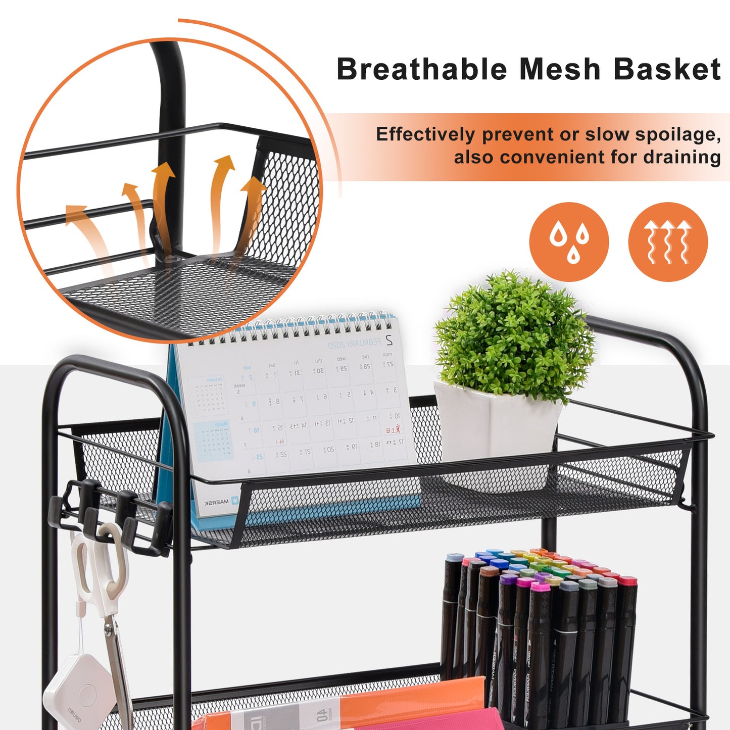 Kingrack 4-Tier Mesh Wire Rolling Cart, Metal Storage Cart with Wheels, Utility Cart for Office,Kitchen, Bedroom, Bathroom, Laundry Room,WK150038-BK