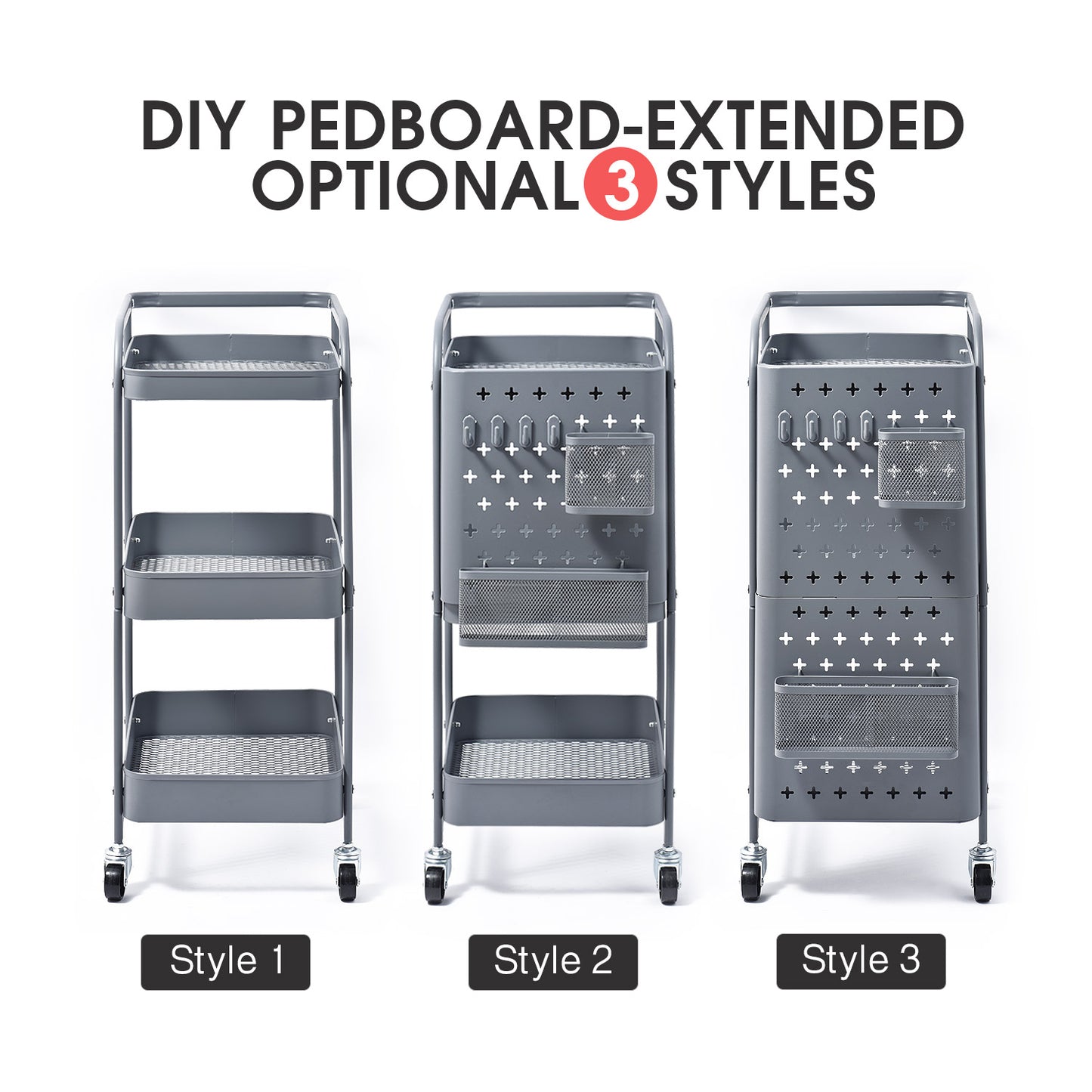 3-Tier Metal Utility Cart with Removable Pegboard, Extra Baskets Hooks-WK130902 (WHITE/GREY, 2-COLORS AVAILABLE)