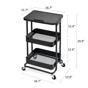 KINGRACK 3-Tier Metal Rolling Storage Cart with Practical Tabletop, 3-Tier Metal Serving Rolling Cart with Contral Handle,Trolley Organizer with Locking Wheels for Library Office Classroom Home Dedroom,RY810173-B