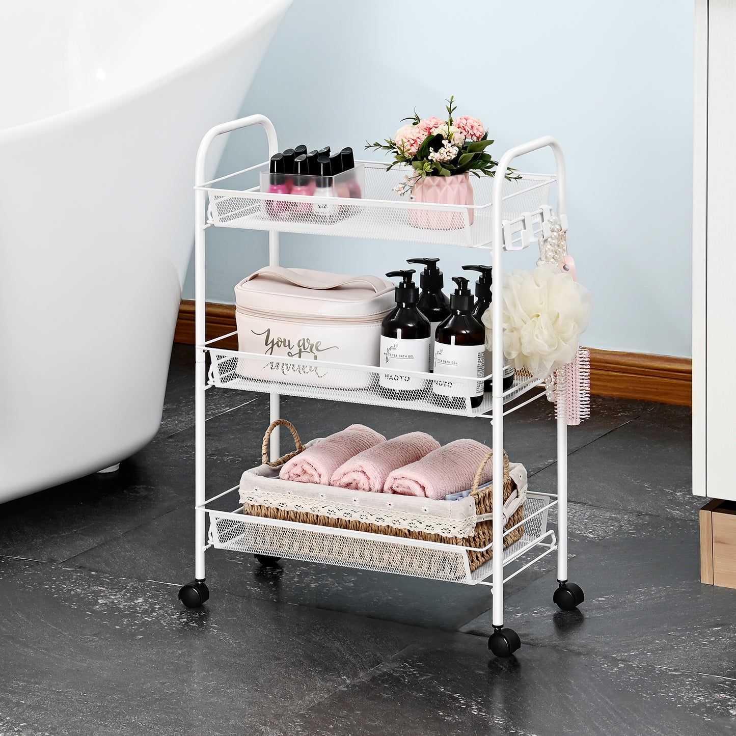 Kingrack 3-Tier Rolling Cart Organizer, Metal Storage Cart with Wheels, Utility Cart for Office,Kitchen, Bedroom, Bathroom, Laundry Room,WK150043-W
