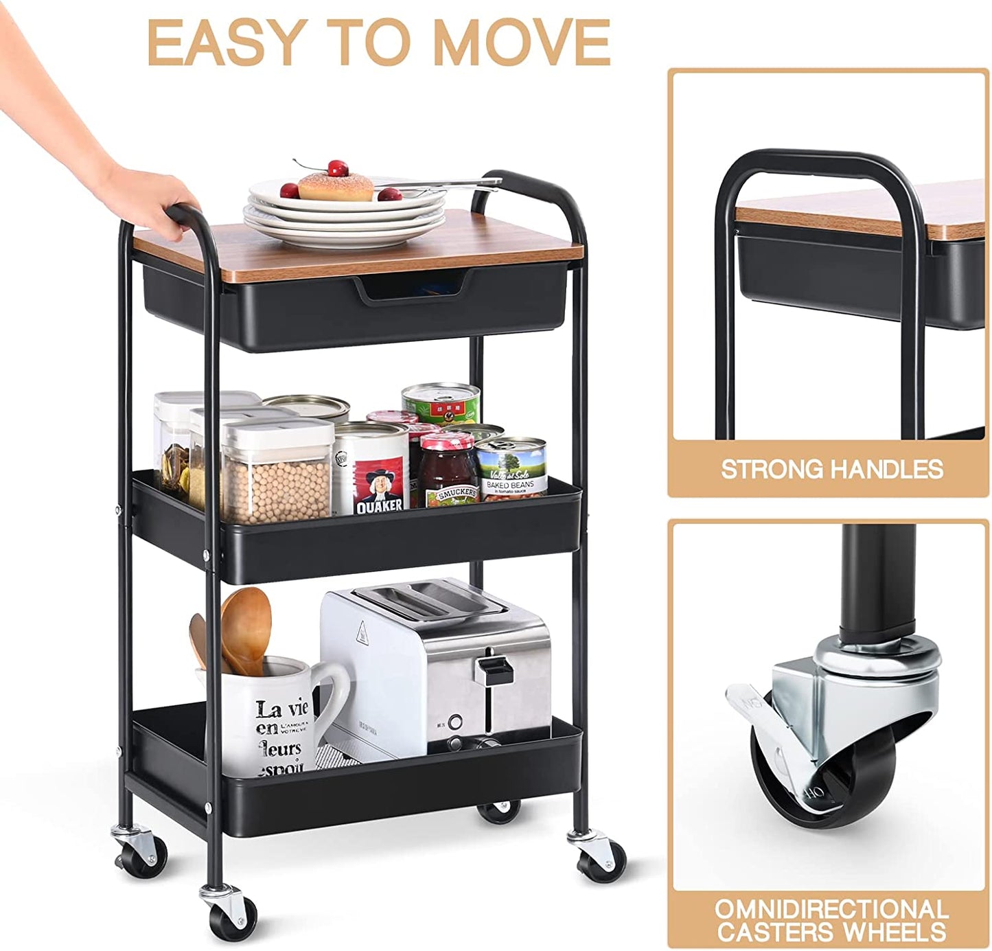KINGRACK 3-Tier Utility Rolling Cart with Wooden Board and Drawer, Metal Storage Cart with Handle, White Trolley Kitchen Organizer Rolling Desk with Locking Wheels for Office, Classroom, Home, Bedroom, WK830549-Black