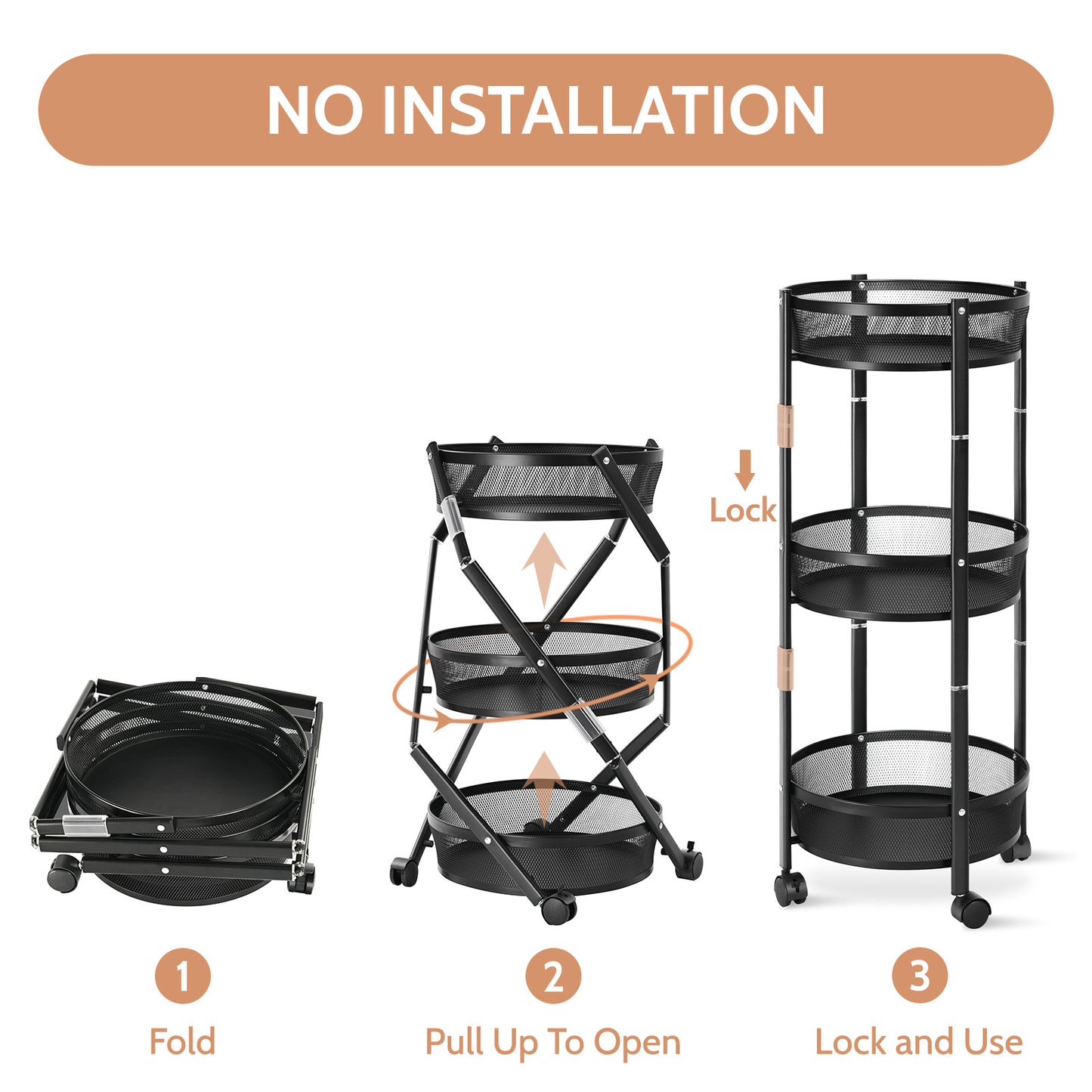KINGRACK Foldable 3 Tier Rolling Cart, Installtion-Free Round Mesh Baskets Cart, Storage Rolling Trolley Rack Cart, Black,RY810195-1