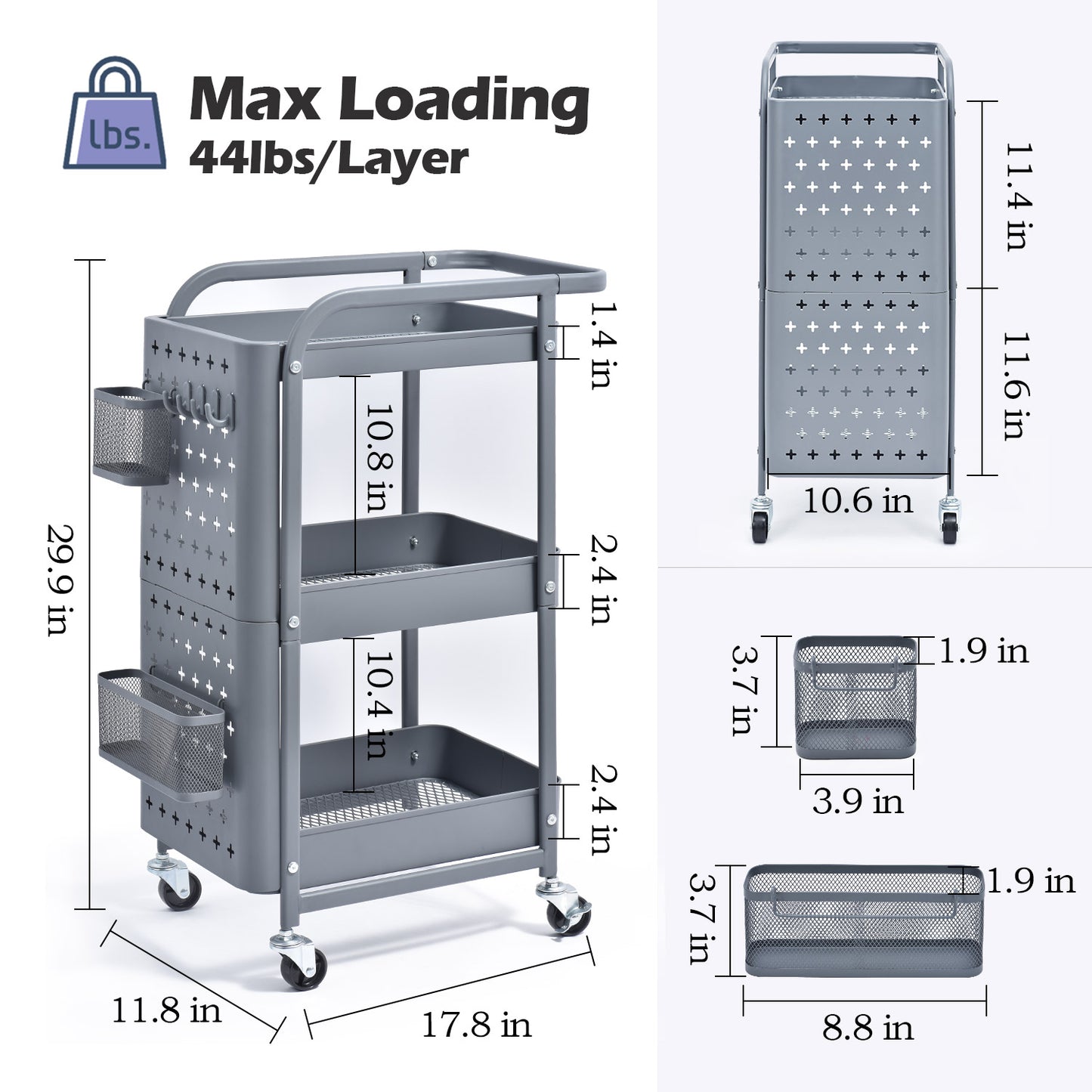 3-Tier Metal Utility Cart with Removable Pegboard, Extra Baskets Hooks-WK130902 (WHITE/GREY, 2-COLORS AVAILABLE)