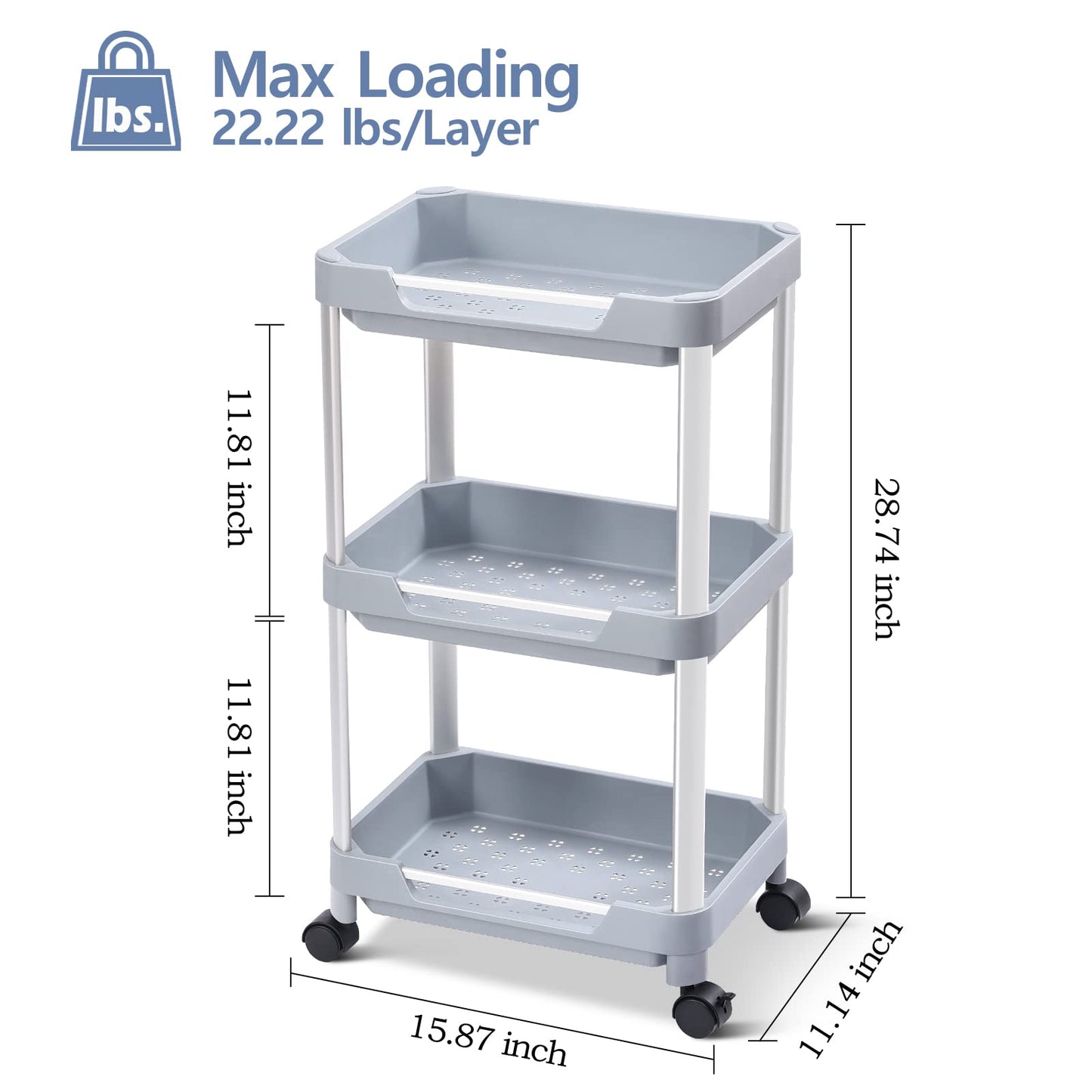 KINGRACK 3 Tier Utility Rolling Cart, Craft Art Cart Trolley Organizer Serving Cart, Storage Organizer Shelves for Bathroom Kitchen Laundry Room Office,Grey,WK830603