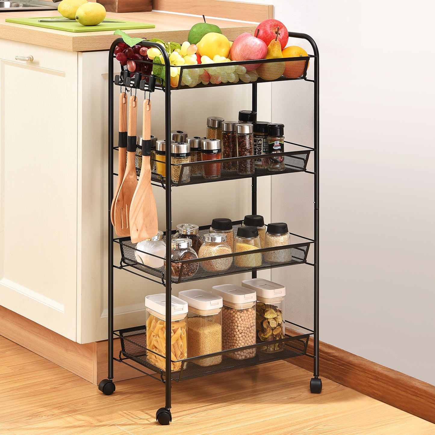 Kingrack 4-Tier Mesh Wire Rolling Cart, Metal Storage Cart with Wheels, Utility Cart for Office,Kitchen, Bedroom, Bathroom, Laundry Room,WK150038-BK