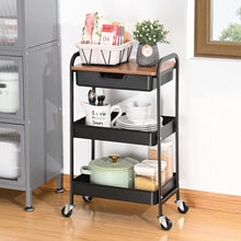 KINGRACK 3-Tier Utility Rolling Cart with Wooden Board and Drawer, Metal Storage Cart with Handle, White Trolley Kitchen Organizer Rolling Desk with Locking Wheels for Office, Classroom, Home, Bedroom, WK830549-Black