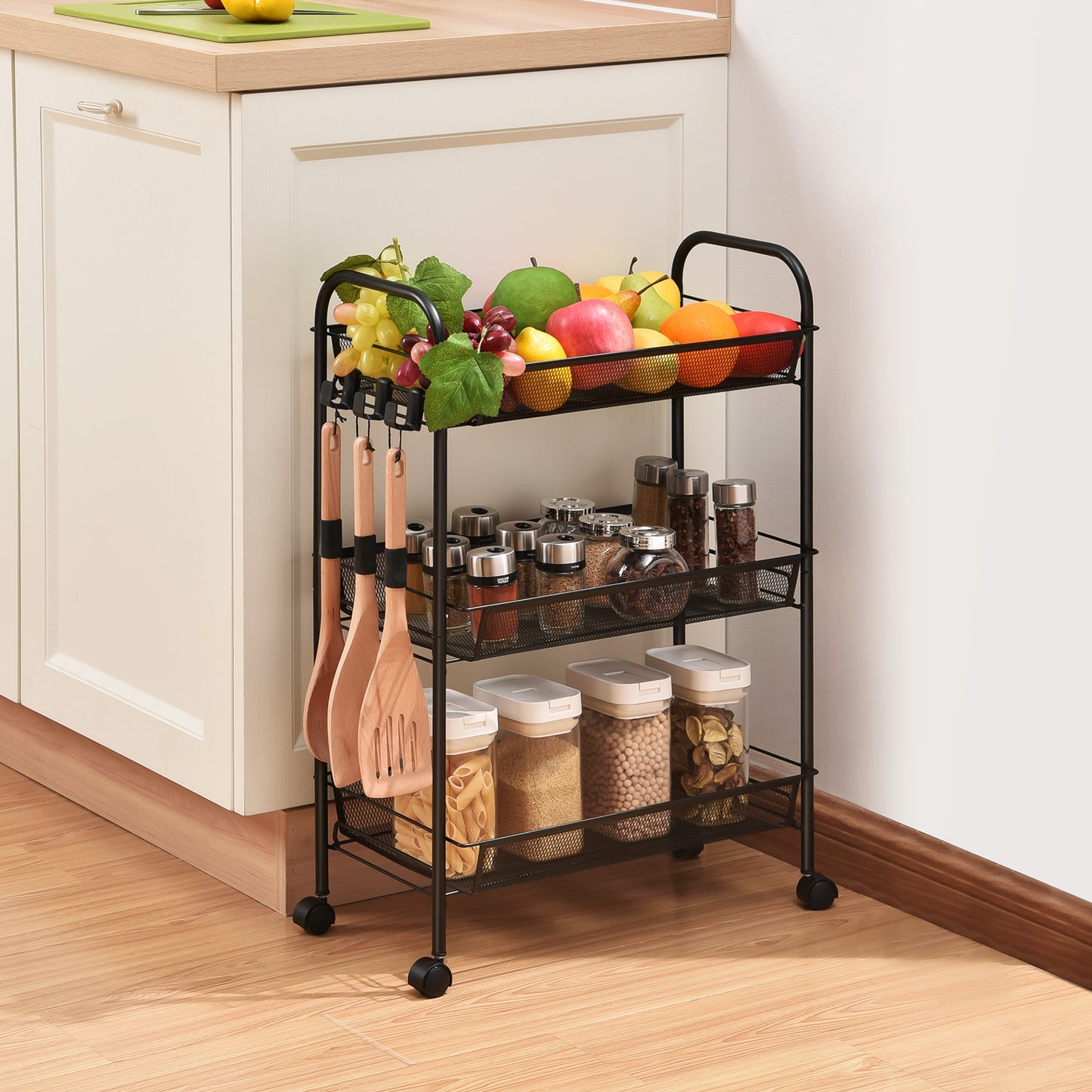 KK KINGRACK 3 Tier Rolling Cart Organizer, Mesh Cart with Wheels, Utility Cart for Office, School,Storage, Black, WK150043-BK