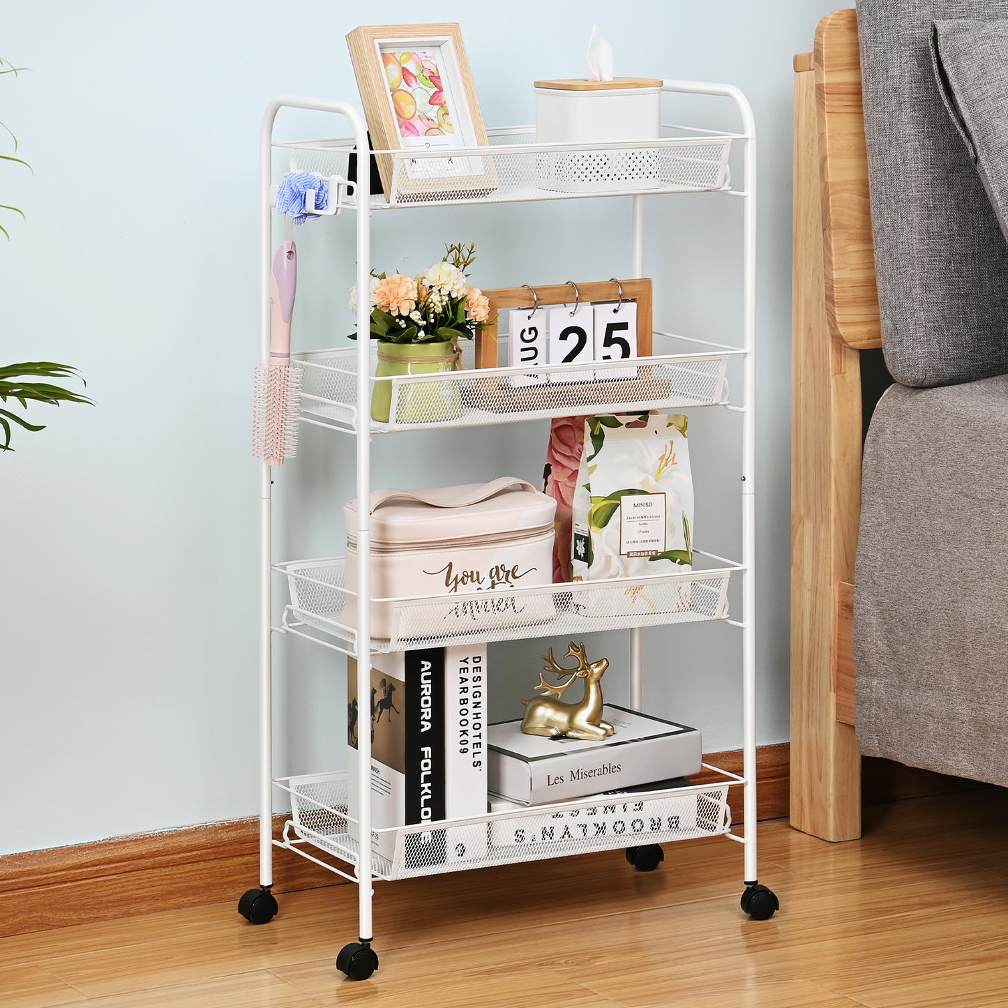 Kingrack 4-Tier Mesh Wire Rolling Cart, Metal Storage Cart with Wheels, Utility Cart for Office,Kitchen, Bedroom, Bathroom, Laundry Room,WK150038-W