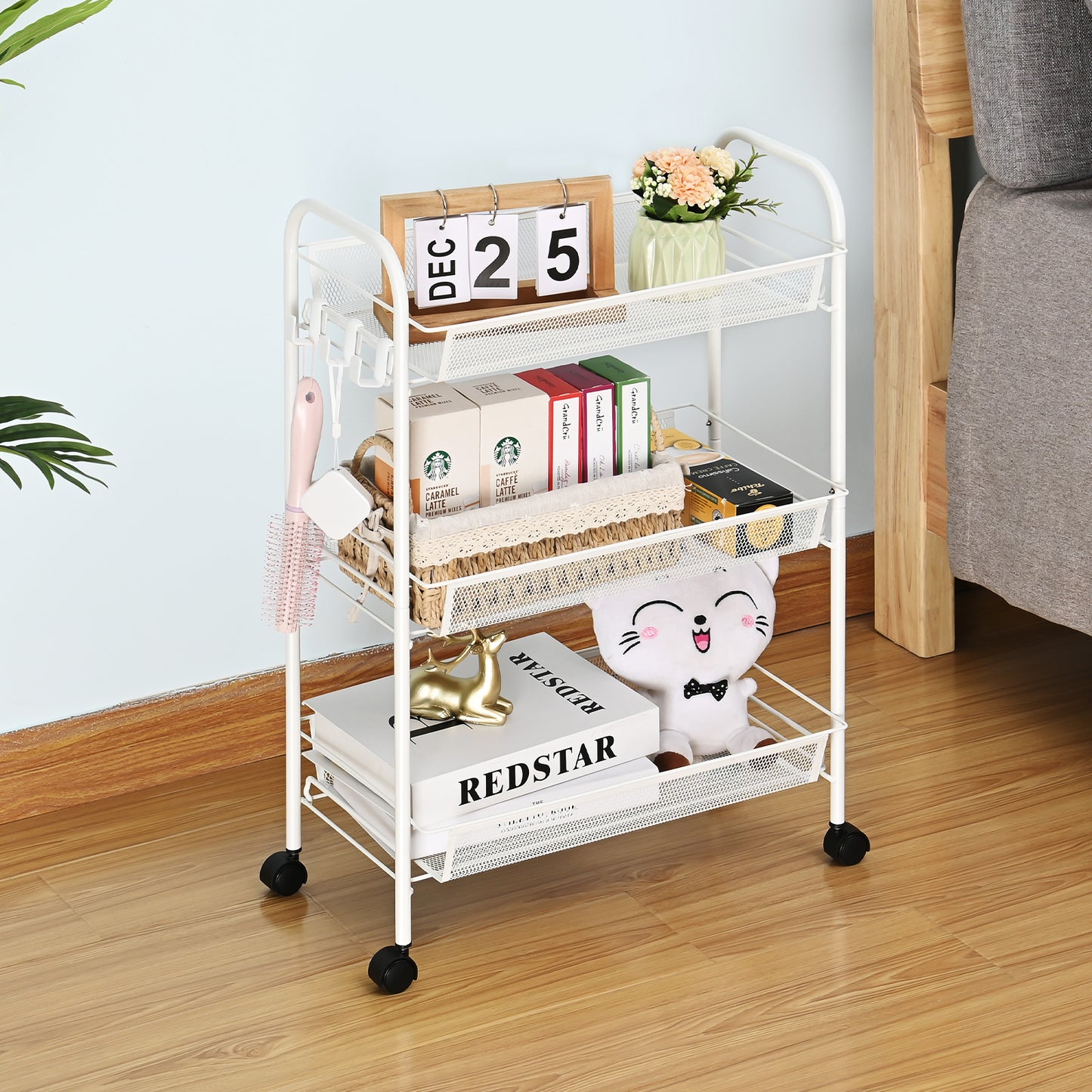 Kingrack 3-Tier Rolling Cart Organizer, Metal Storage Cart with Wheels, Utility Cart for Office,Kitchen, Bedroom, Bathroom, Laundry Room,WK150043-W