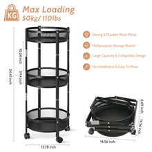 KINGRACK Foldable 3 Tier Rolling Cart, Installtion-Free Round Mesh Baskets Cart, Storage Rolling Trolley Rack Cart, Black,RY810195-1