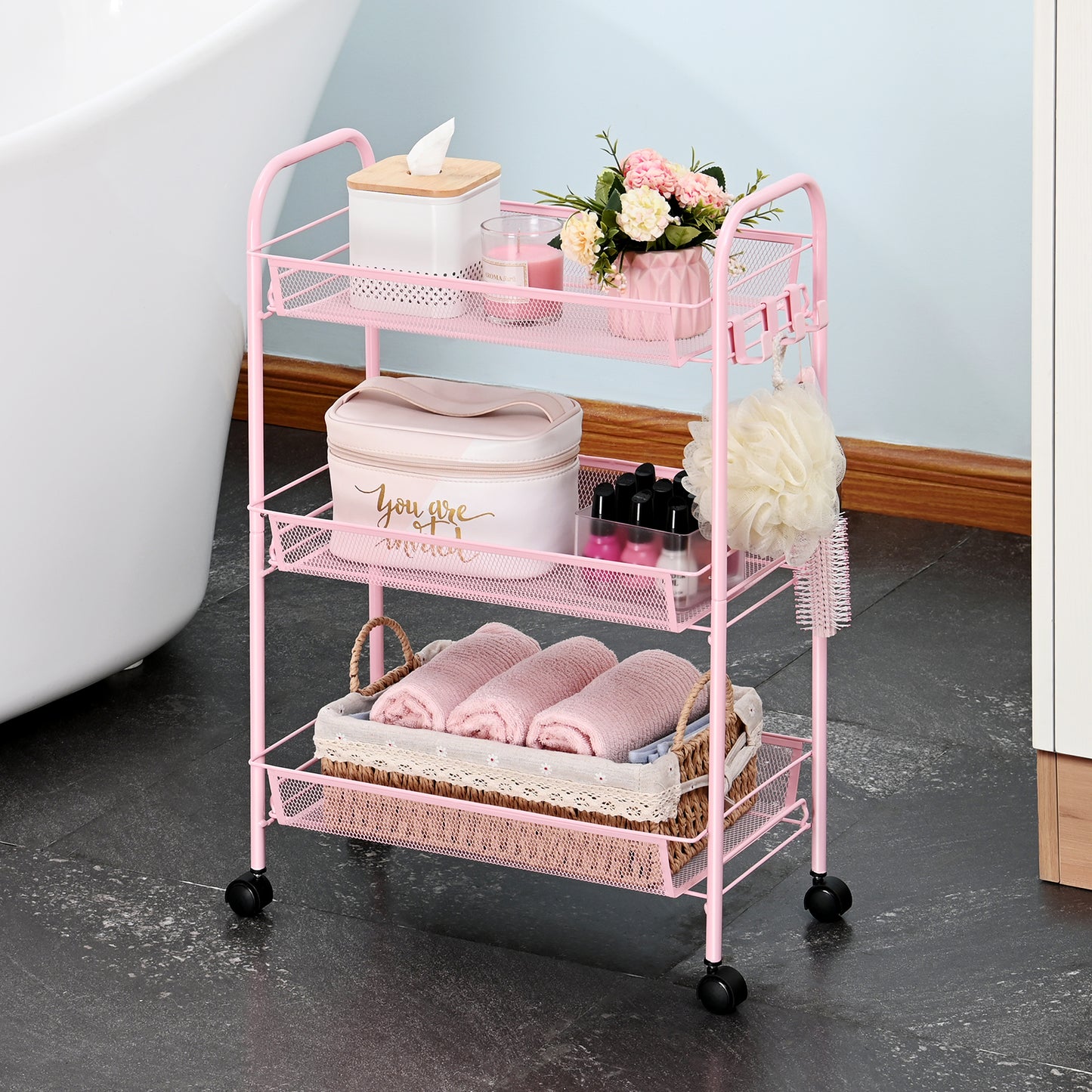 Kingrack 3-Tier Rolling Cart Organizer, Metal Storage Cart with Wheels, Utility Cart for Office,Kitchen, Bedroom, Bathroom, Laundry Room,WK150043-PK