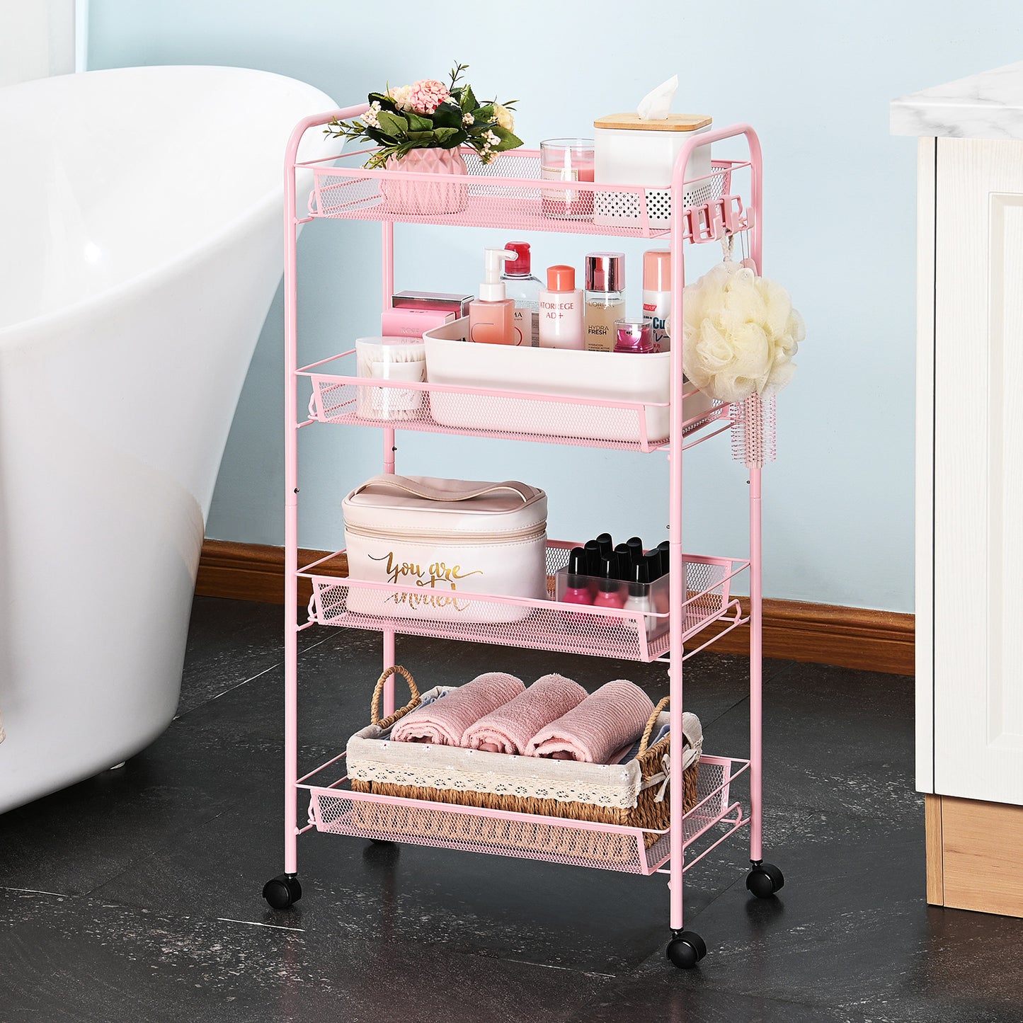 Kingrack 4-Tier Mesh Wire Rolling Cart, Metal Storage Cart with Wheels, Utility Cart for Office,Kitchen, Bedroom, Bathroom, Laundry Room,WK150038-PK