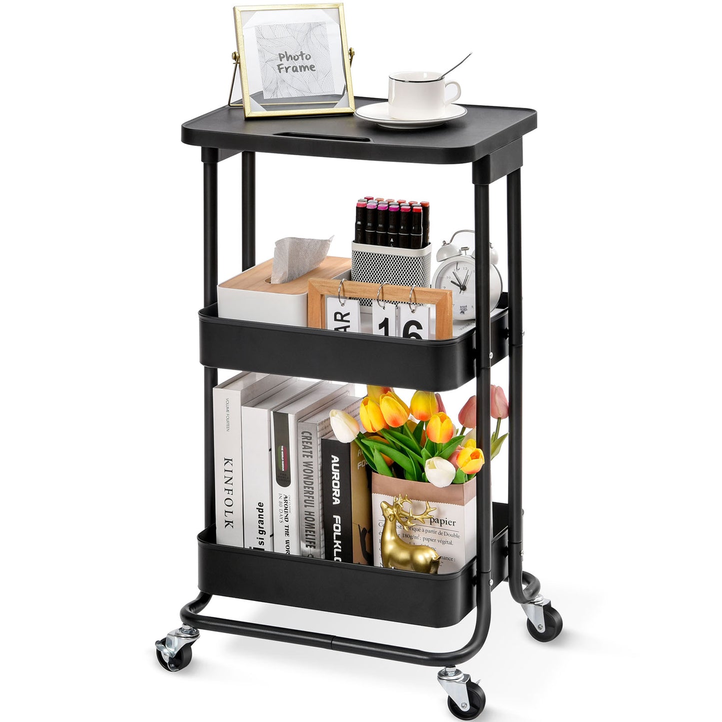 KINGRACK 3-Tier Metal Rolling Storage Cart with Practical Tabletop, 3-Tier Metal Serving Rolling Cart with Contral Handle,Trolley Organizer with Locking Wheels for Library Office Classroom Home Dedroom,RY810173-B