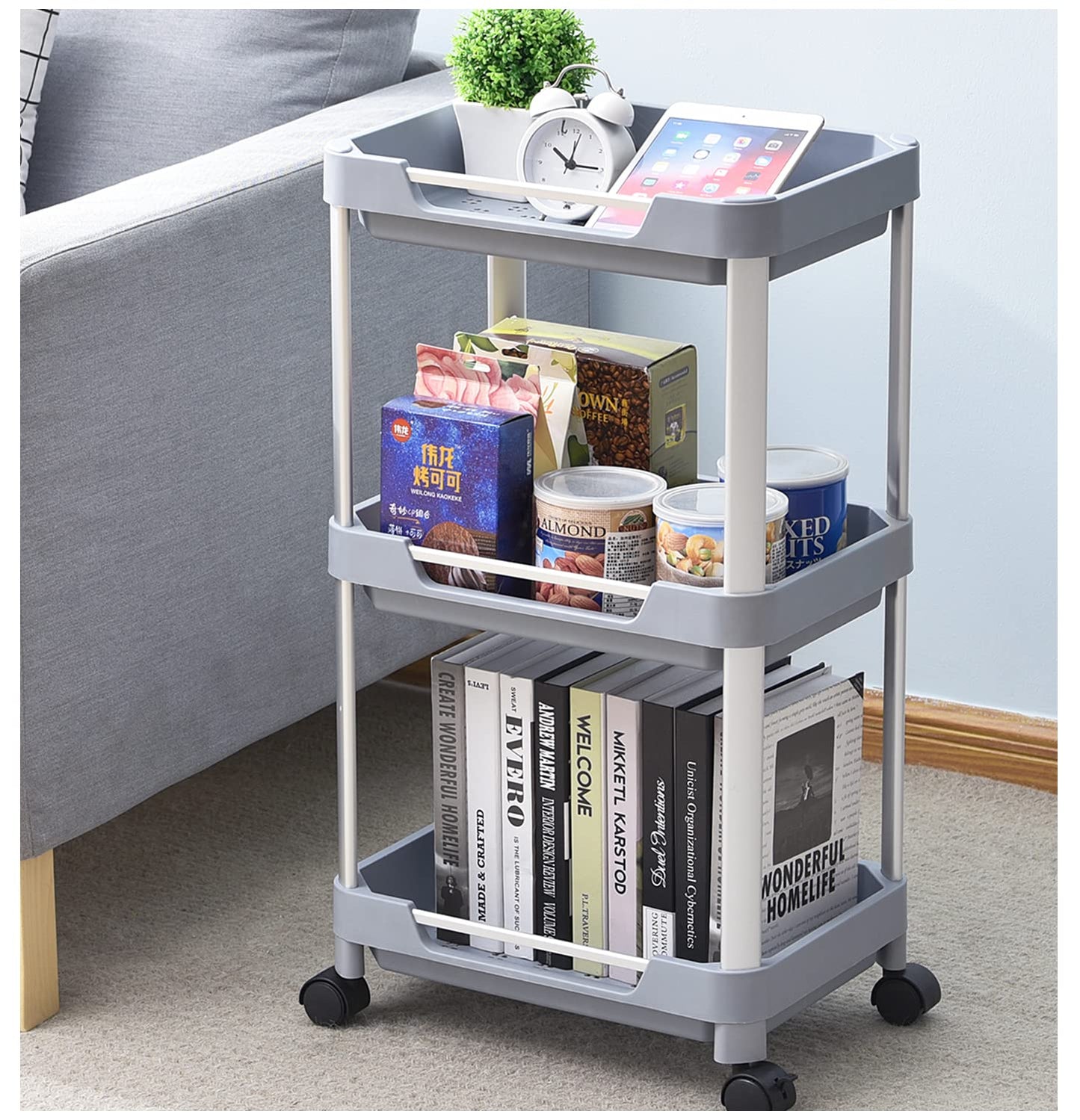 KINGRACK 3 Tier Utility Rolling Cart, Craft Art Cart Trolley Organizer Serving Cart, Storage Organizer Shelves for Bathroom Kitchen Laundry Room Office,Grey,WK830603