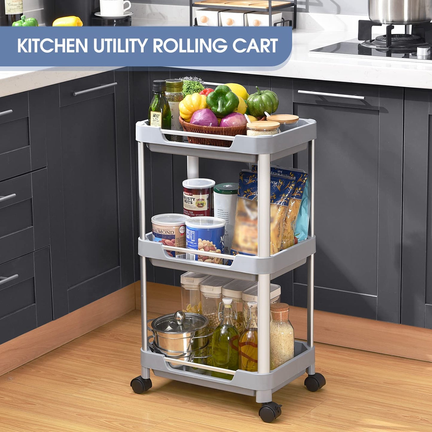 KINGRACK 3 Tier Utility Rolling Cart, Craft Art Cart Trolley Organizer Serving Cart, Storage Organizer Shelves for Bathroom Kitchen Laundry Room Office,Grey,WK830603