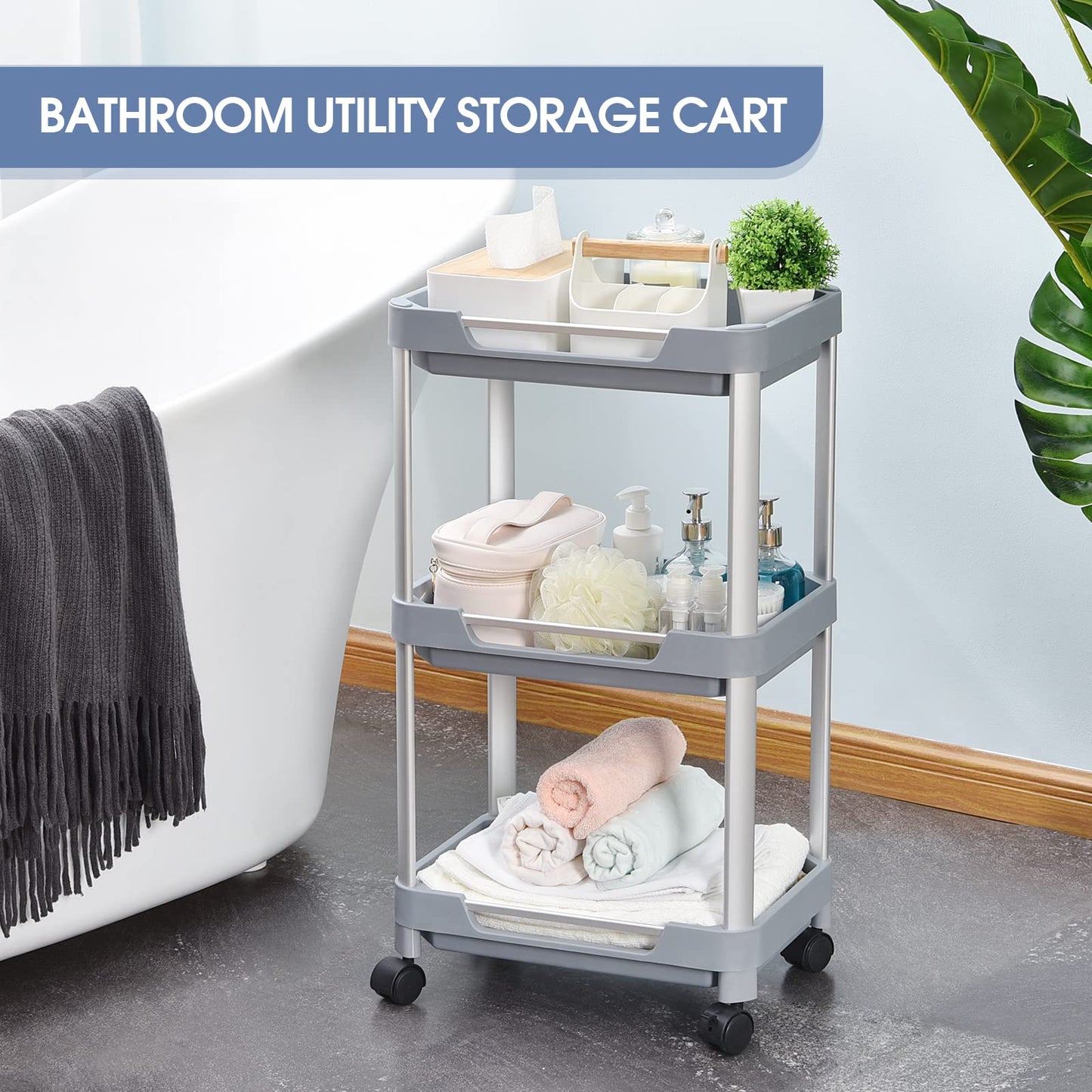 KINGRACK 3 Tier Utility Rolling Cart, Craft Art Cart Trolley Organizer Serving Cart, Storage Organizer Shelves for Bathroom Kitchen Laundry Room Office,Grey,WK830603