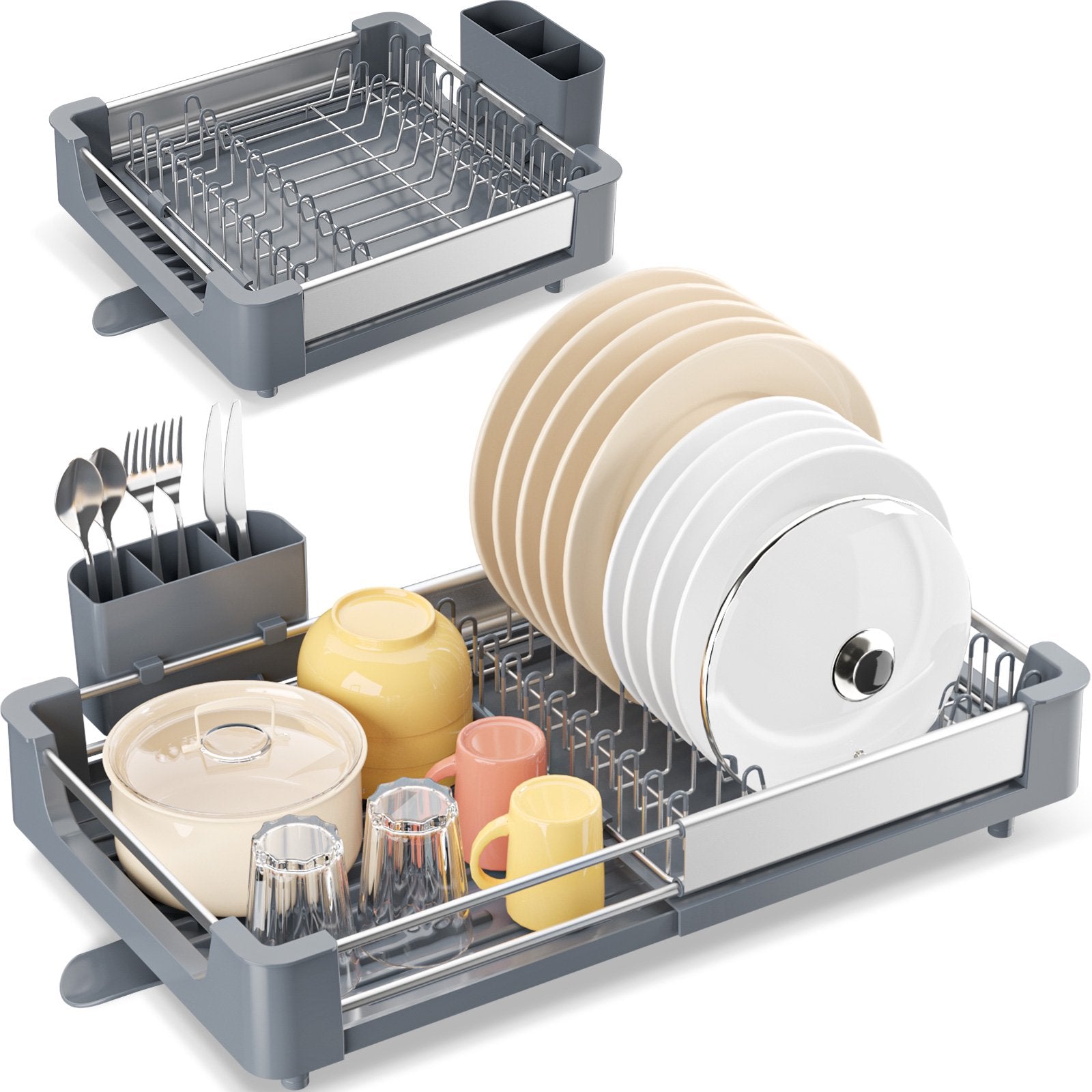 KINGRACK Expandable Dish Drying Rack - Aluminium Foldable Dish Racks for  Kitchen Counter, Adjustable Dish Drying Rack with Drainboard Set Swivel
