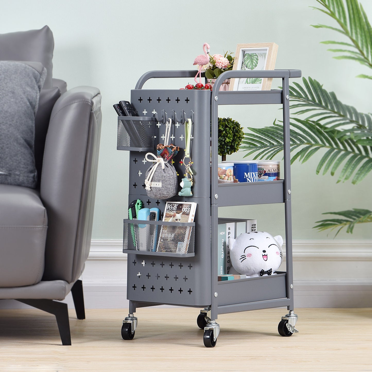 3-Tier Metal Utility Cart with Removable Pegboard, Extra Baskets Hooks-WK130902 (WHITE/GREY, 2-COLORS AVAILABLE)