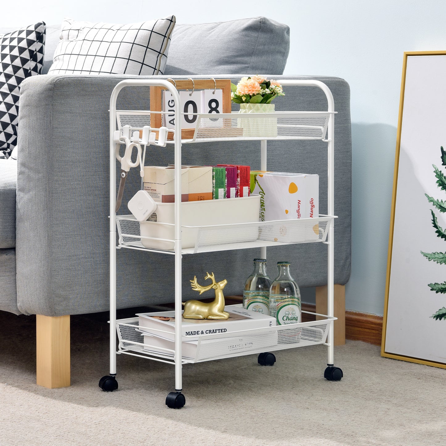 Kingrack 3-Tier Rolling Cart Organizer, Metal Storage Cart with Wheels, Utility Cart for Office,Kitchen, Bedroom, Bathroom, Laundry Room,WK150043-W