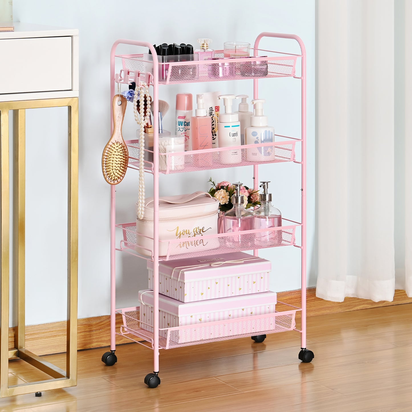 Kingrack 4-Tier Mesh Wire Rolling Cart, Metal Storage Cart with Wheels, Utility Cart for Office,Kitchen, Bedroom, Bathroom, Laundry Room,WK150038-PK
