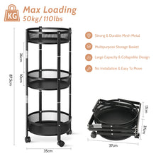 KINGRACK Foldable 3 Tier Rolling Cart, Installtion-Free Round Mesh Baskets Cart, Storage Rolling Trolley Rack Cart, Black,RY810195-1
