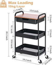 KINGRACK 3-Tier Utility Rolling Cart with Wooden Board and Drawer, Metal Storage Cart with Handle, White Trolley Kitchen Organizer Rolling Desk with Locking Wheels for Office, Classroom, Home, Bedroom, WK830549-Black
