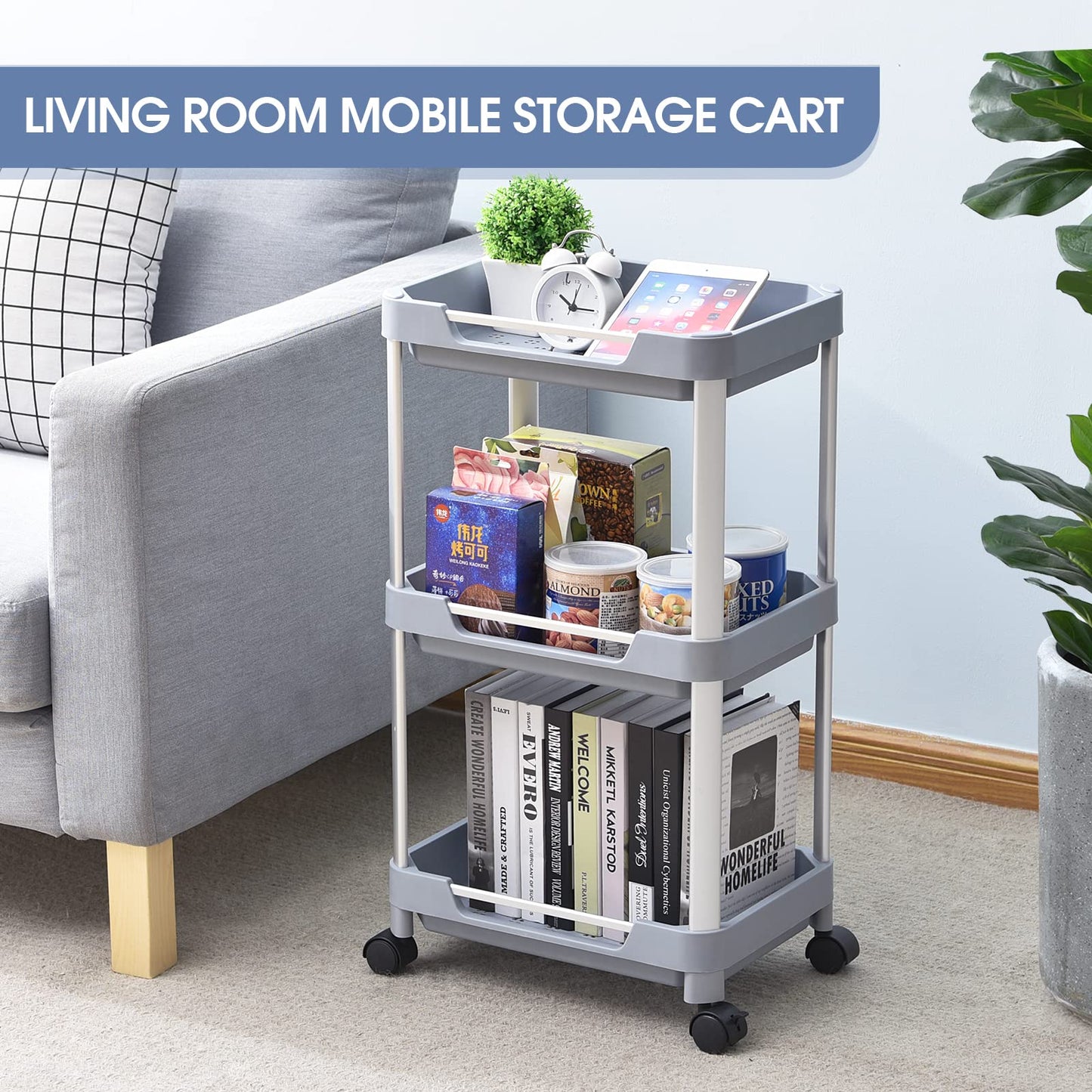 KINGRACK 3 Tier Utility Rolling Cart, Craft Art Cart Trolley Organizer Serving Cart, Storage Organizer Shelves for Bathroom Kitchen Laundry Room Office,Grey,WK830603