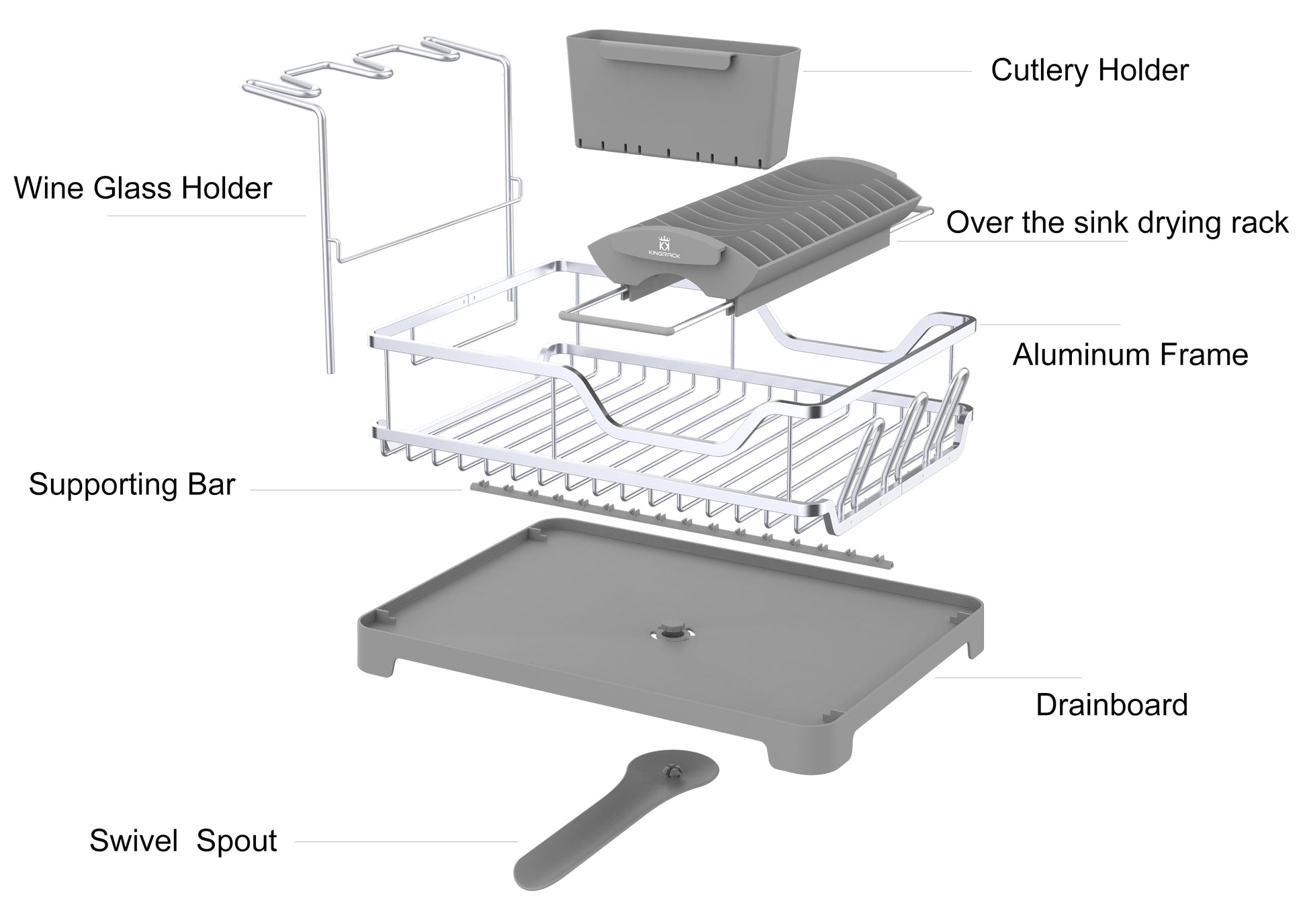 Aluminum Dish Drying Rack with Over Sink Dish Rack, Swivel Spout, Wine Glass & Cup Holder - Kingrack Home