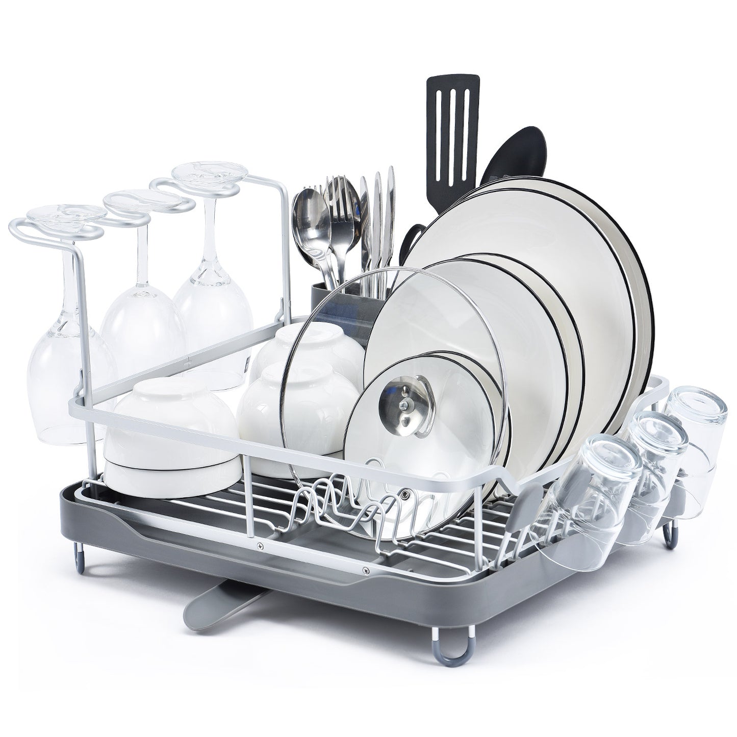 Aluminum Dish Rack with Unique 360° Swivel Spout Drain Board Design, Cutlery Holder, Removable Wine Glass & Cup Holder, Grey WK130899