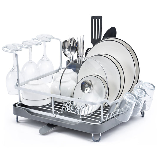 Aluminum Dish Rack with Unique 360° Swivel Spout Drain Board Design, Cutlery Holder, Removable Wine Glass & Cup Holder, Grey WK130899