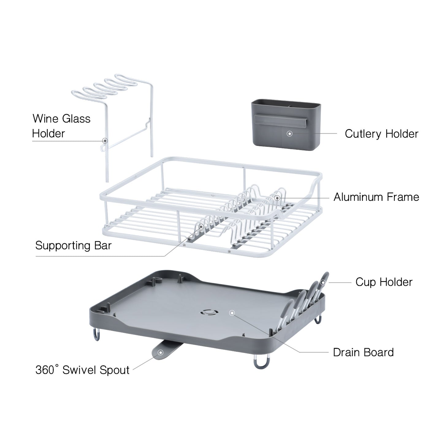 Aluminum Dish Rack with Unique 360° Swivel Spout Drain Board Design, Cutlery Holder, Removable Wine Glass & Cup Holder, Grey WK130899