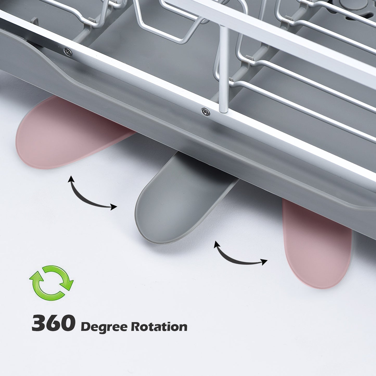 Aluminum Dish Rack with Unique 360° Swivel Spout Drain Board Design, Cutlery Holder, Removable Wine Glass & Cup Holder, Grey WK130899