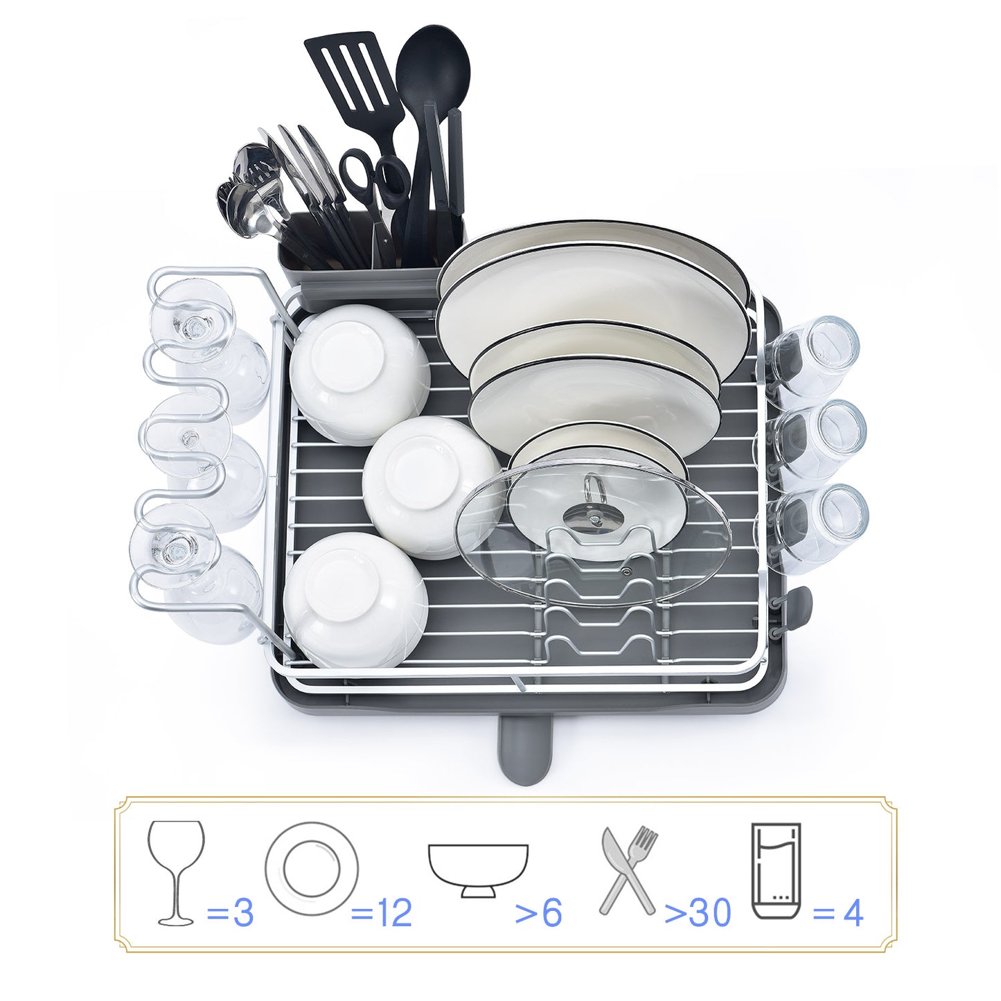 Aluminum Dish Rack with Unique 360° Swivel Spout Drain Board Design, Cutlery Holder, Removable Wine Glass & Cup Holder, Grey WK130899