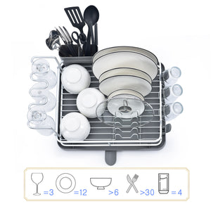 Karmas Product Dish Drying Rack with 360 Swivel Drain Board and Drain Spout,2 Tier Stainless Aluminum Dish Rack for Kitchen Countertop,Cutlery Holder