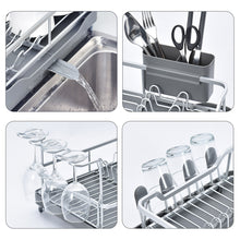 Aluminum Dish Rack with Unique 360° Swivel Spout Drain Board Design, Cutlery Holder, Removable Wine Glass & Cup Holder, Grey WK130899