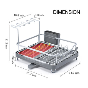 Aluminum Dish Rack with Unique 360° Swivel Spout Drain Board Design, Cutlery Holder, Removable Wine Glass & Cup Holder, Grey WK130899