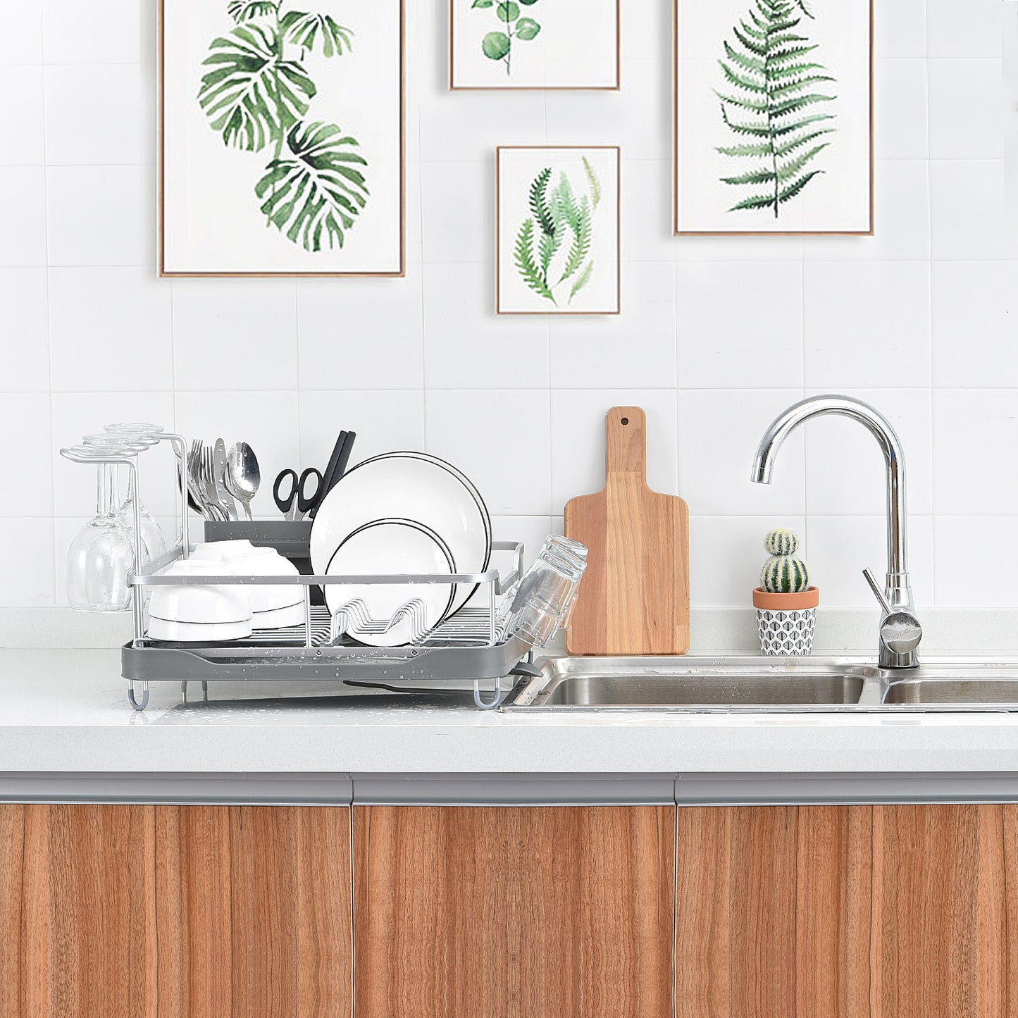 Aluminum Dish Rack with Unique 360° Swivel Spout Drain Board Design, Cutlery Holder, Removable Wine Glass & Cup Holder, Grey WK130899