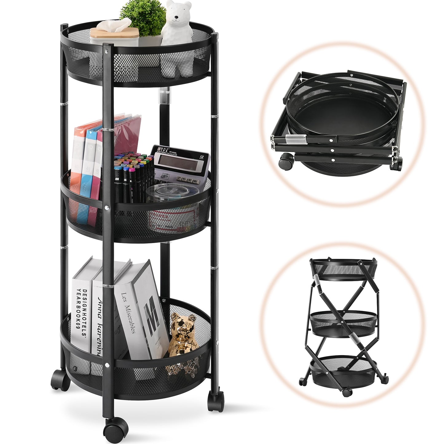KINGRACK Foldable 3 Tier Rolling Cart, Installtion-Free Round Mesh Baskets Cart, Storage Rolling Trolley Rack Cart, Black,RY810195-1